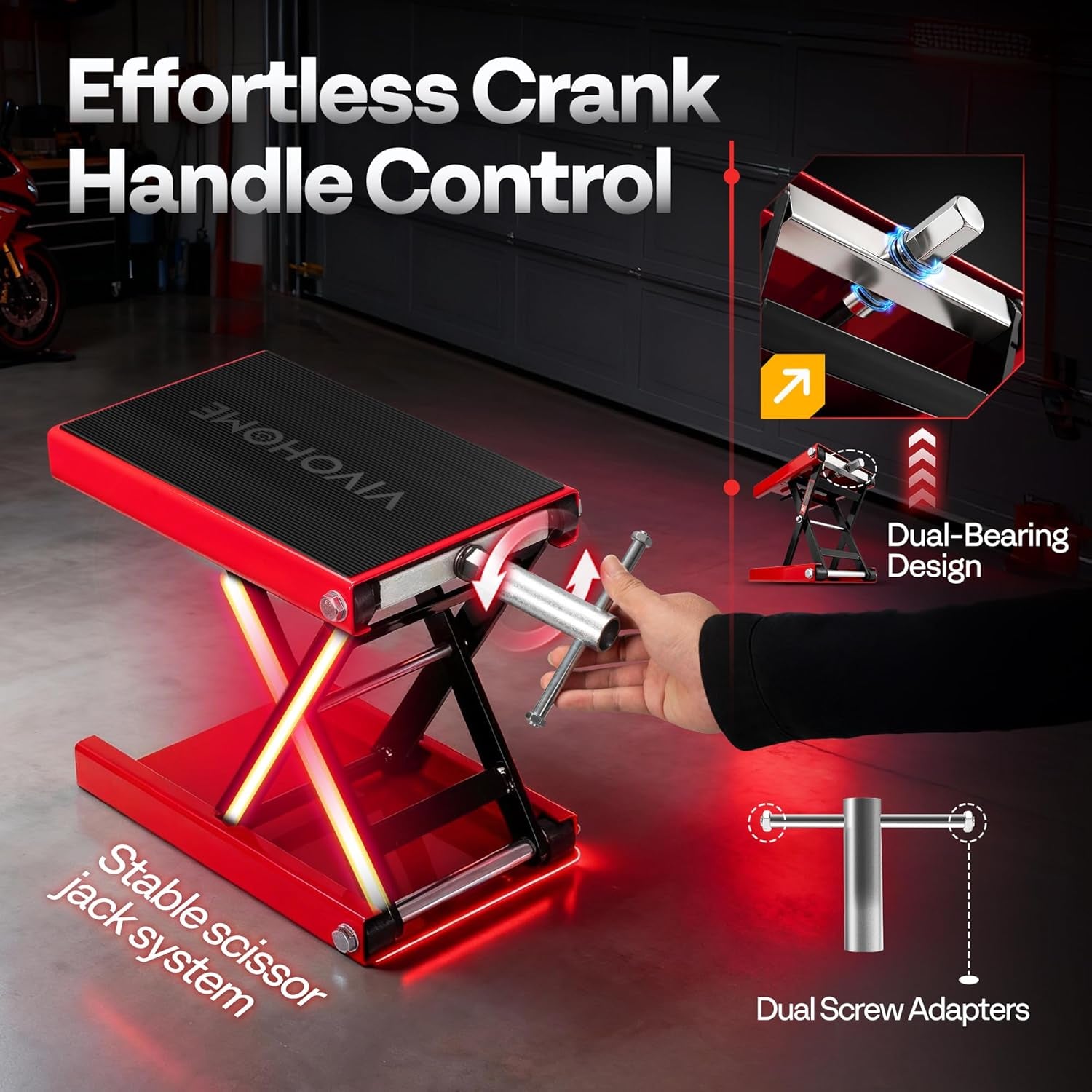 VIVOHOME 1100 LBS Heavy-Duty Motorcycle Lift Scissor Jack - Adjustable Height Hoist Stand for Cruisers, Dirt Bikes & ATVs - Durable Steel Construction in Red