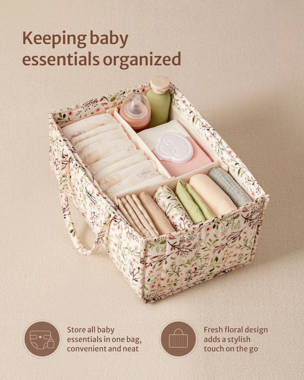 Blissful Diary Diaper Caddy Organizer,Baby Baskets for Baby Shower, Portable Nursery Changing Table Organizer, Diaper Bag, Infant Newborn Essentials Gift, Baby Registry Must Have, Botanical Floral