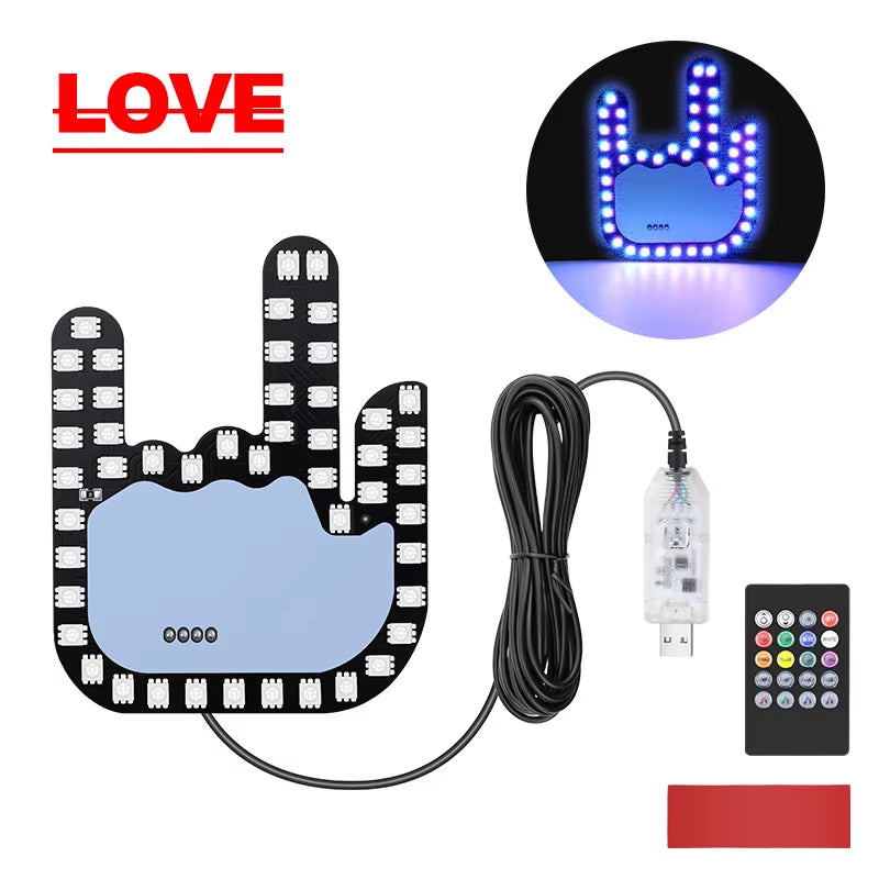 Colorful LED RGB USB Gesture-Controlled Car Light - Middle Finger Hand Lamp for Trucks and Vehicles