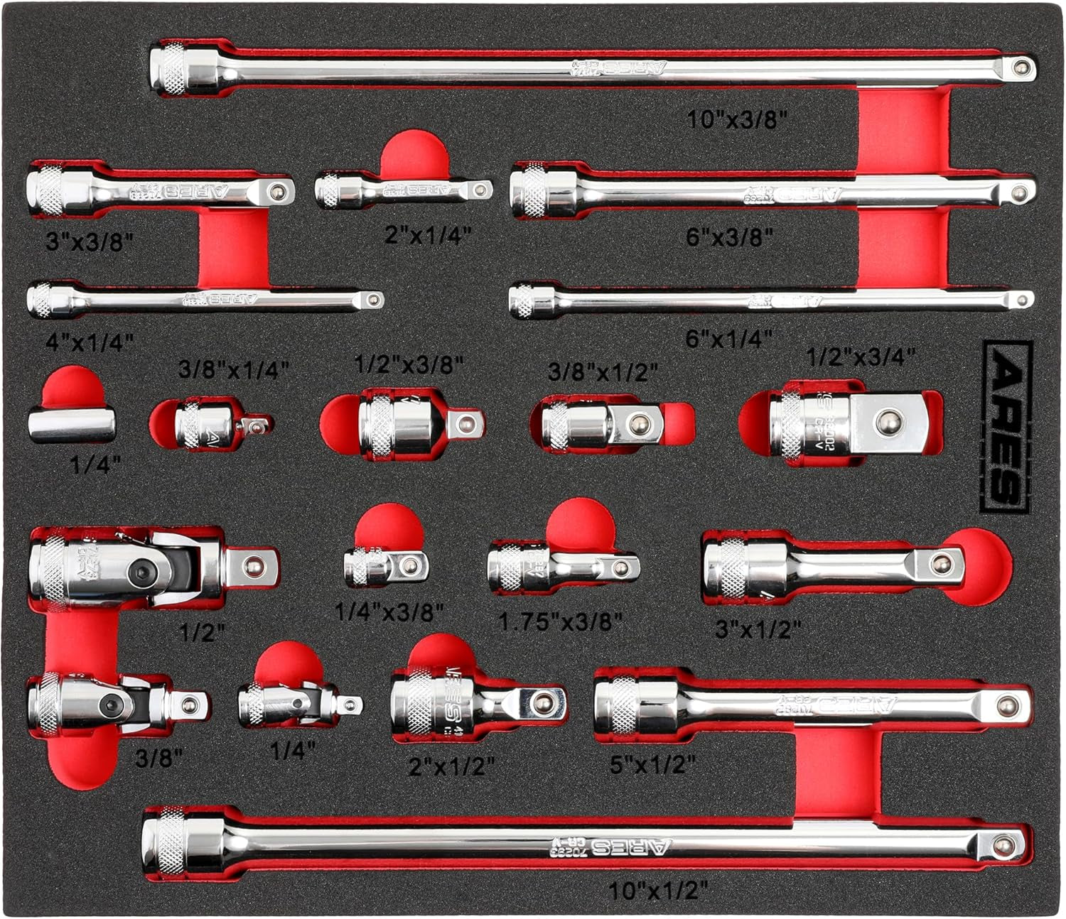 ARES 71270 Premium 10-Piece Socket Accessory Set - Durable Chrome Vanadium Steel with Mirror Finish - Includes Essential Adapters, Extensions, and Universal Joints