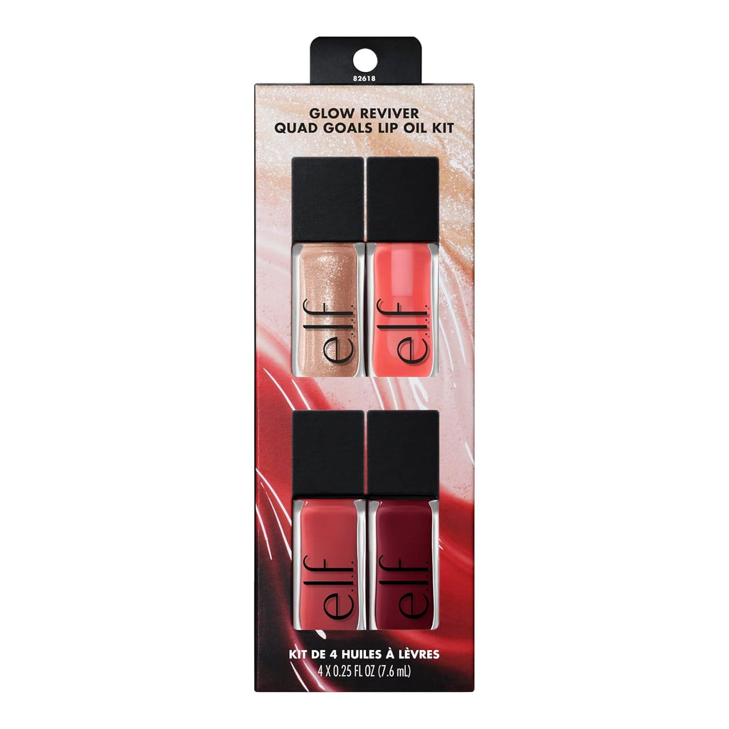 E.L.F. Glow Reviver Quad Goals Lip Oil Kit, 4 Hydrating, Non-Sticky Glossy Tinted Lip Oils, Lip Gloss Set, Moisturizing Lip Care, Vegan & Cruelty-Free