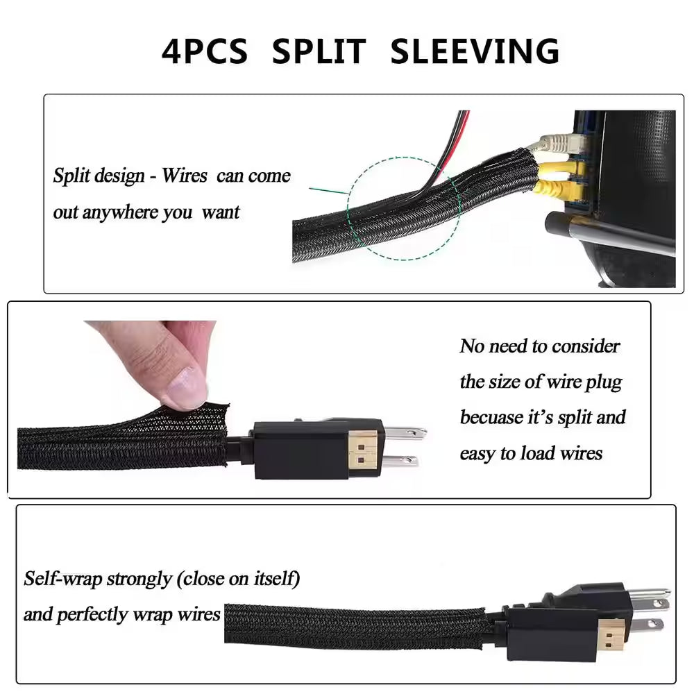 Cord Management Organizer Kit 4 Cable Sleeve Split 41 Self Adhesive Clips Holder 10-Piece 2 Roll Self-Tie 100 Ties Black