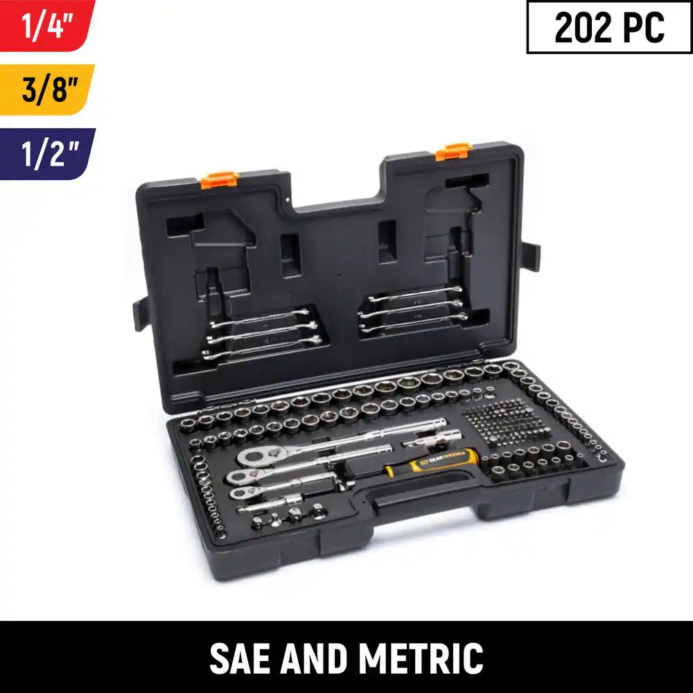 1/4 In., 3/8 In., and 1/2 In. Drive 72-Tooth 6-Point SAE/MM Mechanics Tool Set (202-Piece)