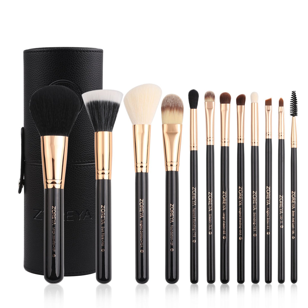 Z'OREYA 12-Piece Premium Travel Makeup Brush Set - Essential Synthetic Hair Tools with Stylish Black Holder