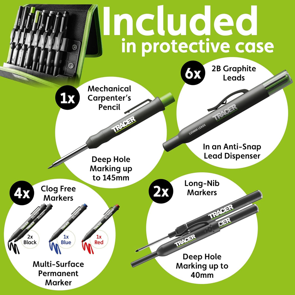 Tracer 8 Piece Construction Marker Kit - Deep Hole Carpenter Pencil Set, 2 Deep Hole Marking Pen, and Four Heavy Duty Clog-Free Markers, 2.8Mm Replacement Leads & Storage Case for Woodworking Tools