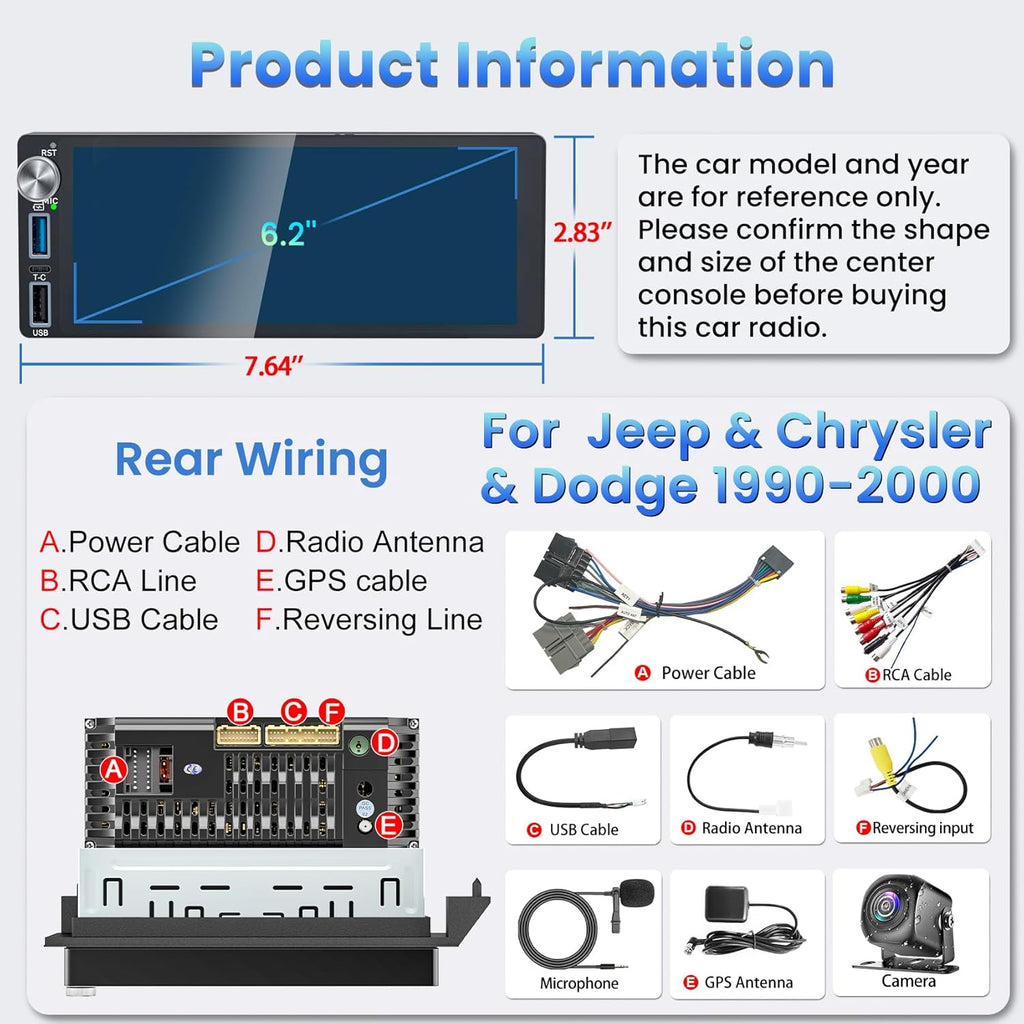 4G+64G Android 13 Car Radio for Dodge Ram (1994-2001)& Chrysler Town and Country (1990-2000) & Jeep Grand Cherokee (1993-1998), 6.2''Touch Screen Stereo with Wireless Carplay&Android Auto
