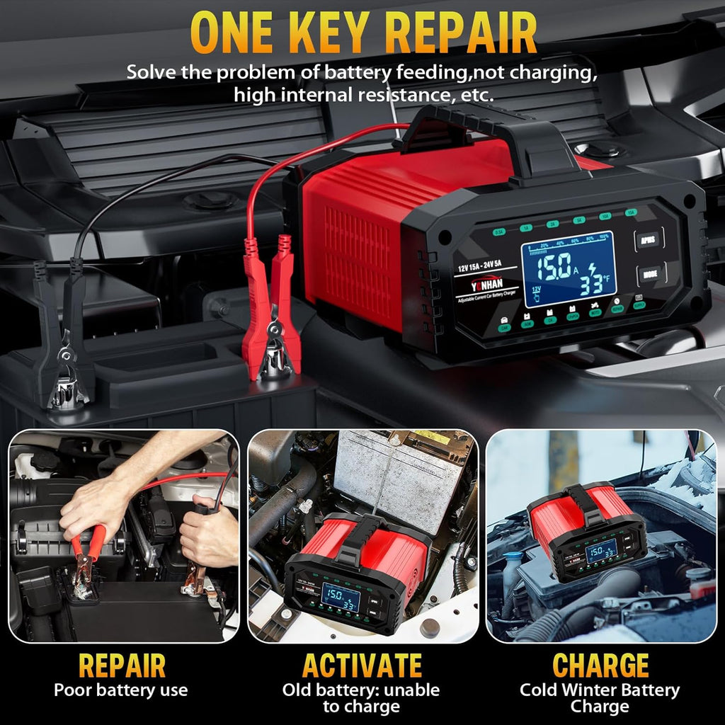 YONHAN Battery Charger 0-15A 12V/24V Adjustable Current Lifepo4 Car Battery Charger, Battery Maintainer Automatic Trickle Charger, Battery Desulfator W/Temp Compensation