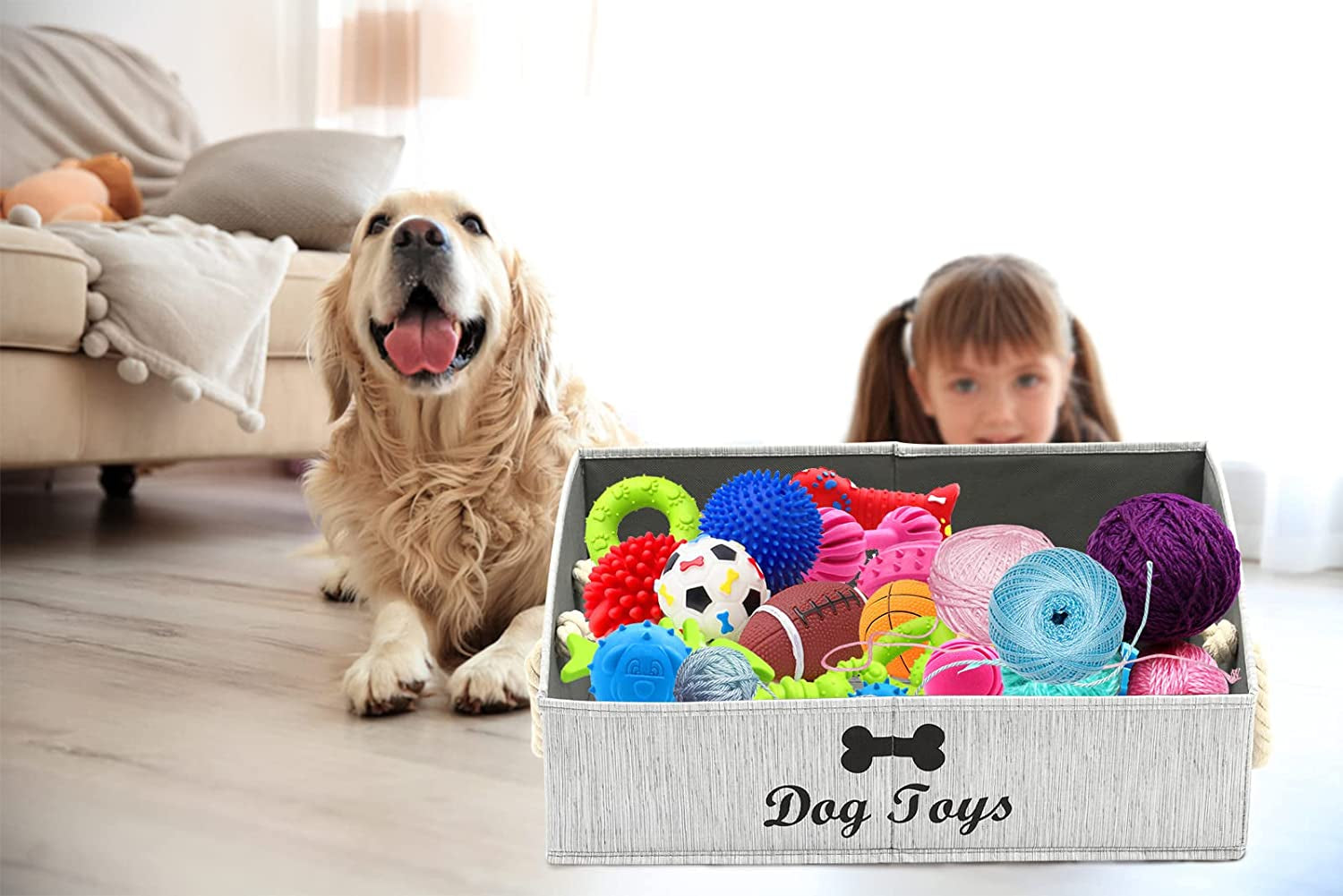 Geyecete Foldable Large Dog Toy Storage Bins - Stylish Gray Organizer with Rope Handle for Collapsible Shelving