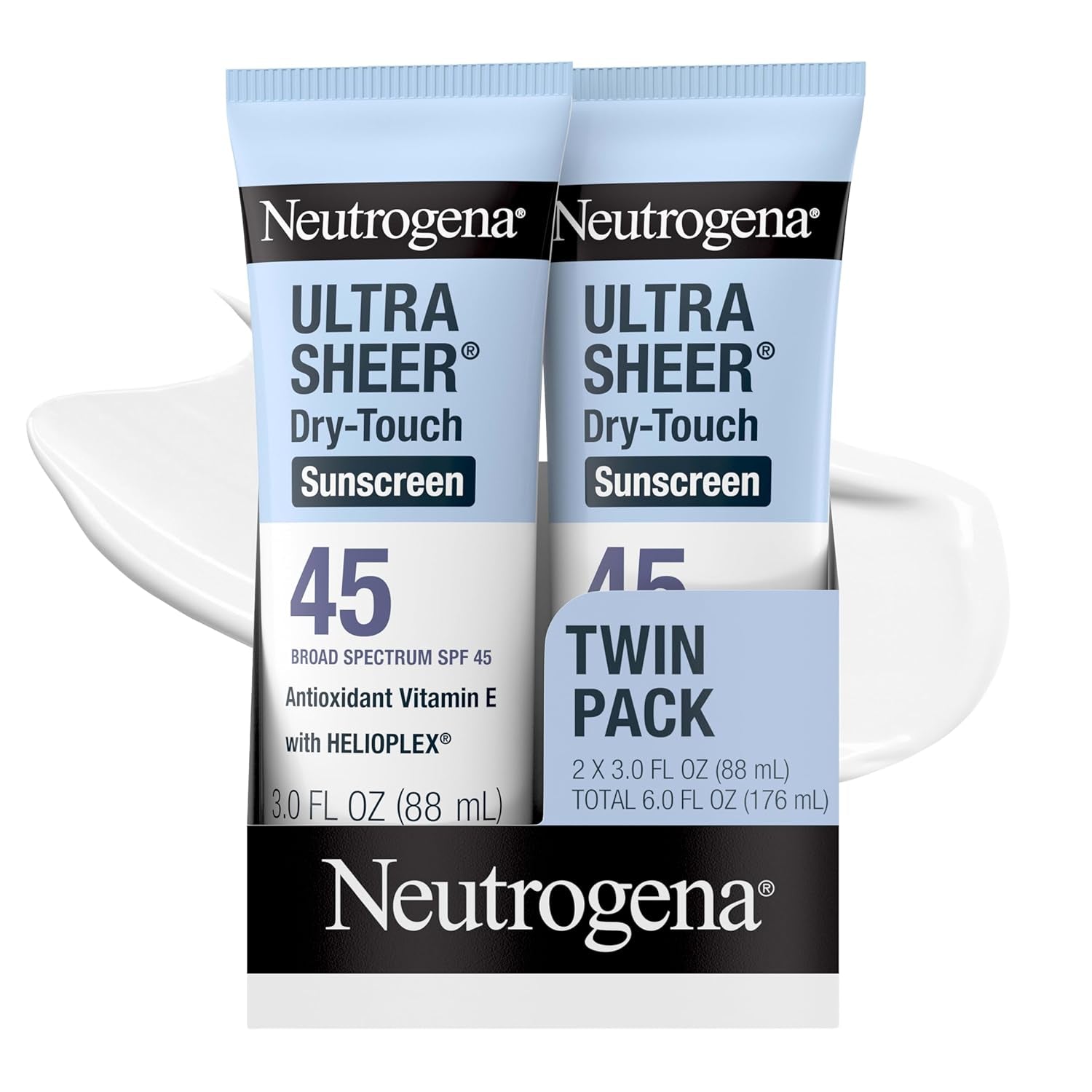 Neutrogena Ultra Sheer Dry-Touch Sunscreen for Face & Body, SPF 45 Broad Spectrum UVA/UVB Protection, Lightweight Water Resistant & Non-Greasy, Travel Size Sunscreen, 3 Fl. Oz 2 Pack