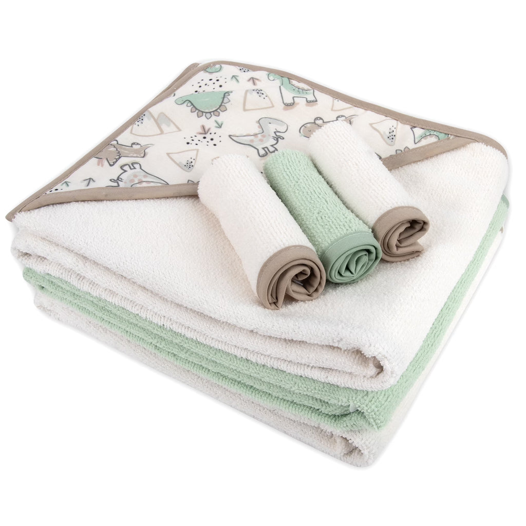 Baby Essentials 6 Piece Hooded Bath Towel Washcloth Set for Infant, Newborns, Toddlers 3 – 24 Months for Bath Time, Showers, Lounge, Beach, Pool in Dinosaurs & Stripes