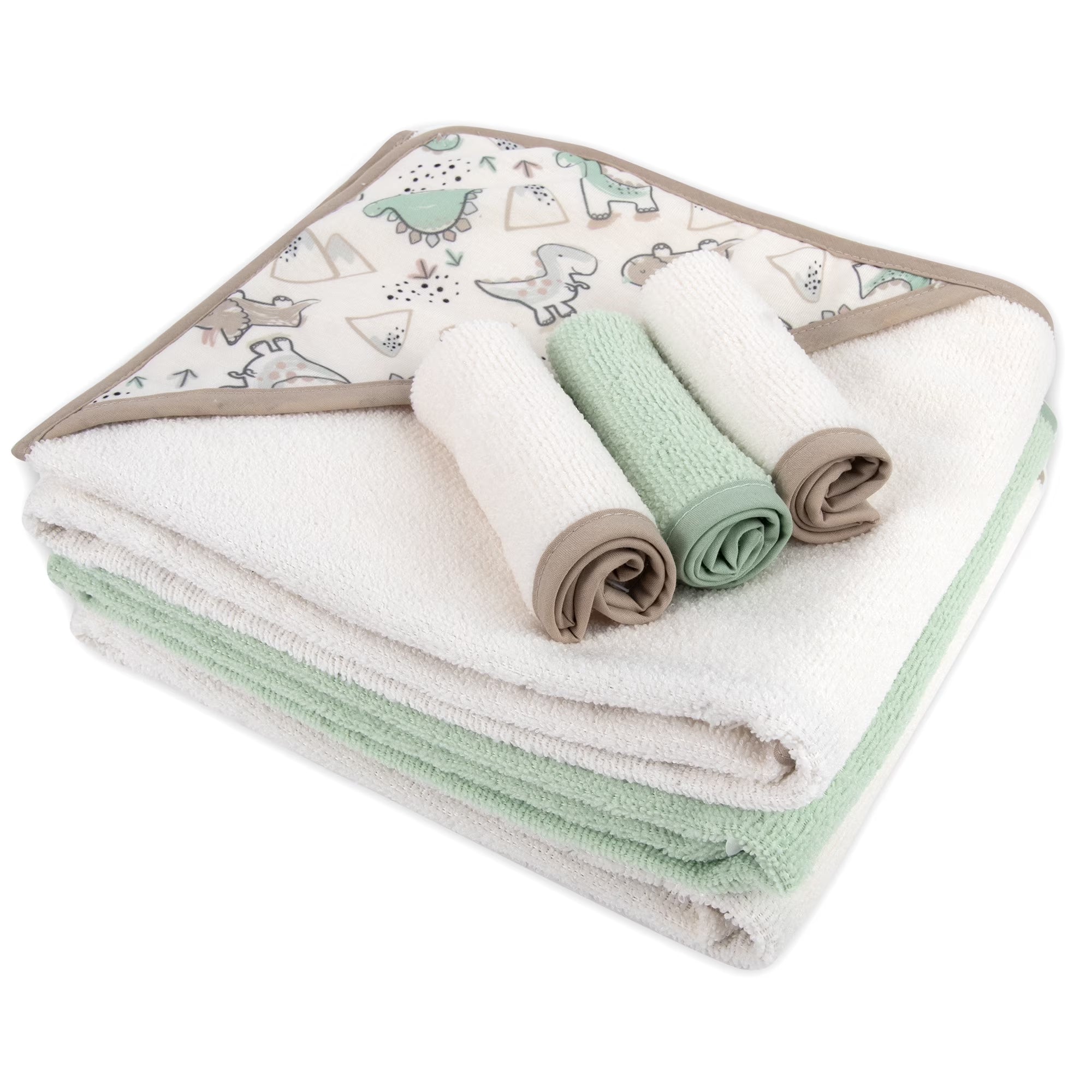 Baby Essentials 6 Piece Hooded Bath Towel Washcloth Set for Infant, Newborns, Toddlers 3 – 24 Months for Bath Time, Showers, Lounge, Beach, Pool in Dinosaurs & Stripes