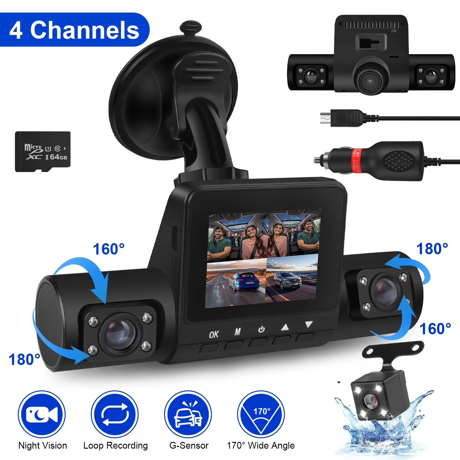 AILKIN 4 Channel Dash Cam Front and Rear,Left,Right,Full HD 1080P Dash Cam Front and Rear inside Loop Recording Dash Camera for Cars with Night Vision,Free 64GB Card