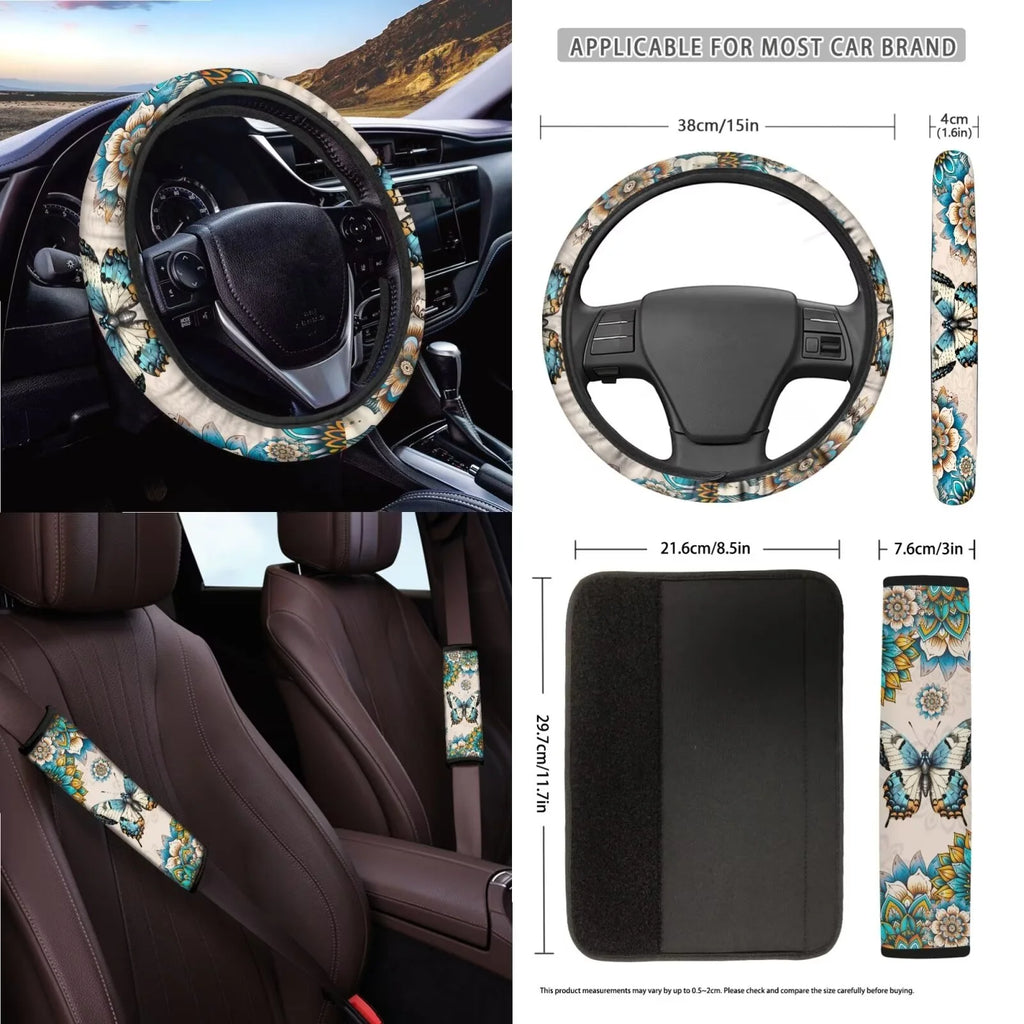 Butterfly Car Seat Covers Full Set for Women Boho Car Accessories Set 15 Pcs Universal Fit Steering Wheel Cover and Seat Belt Pad for Most Cars, Suvs, Trucks