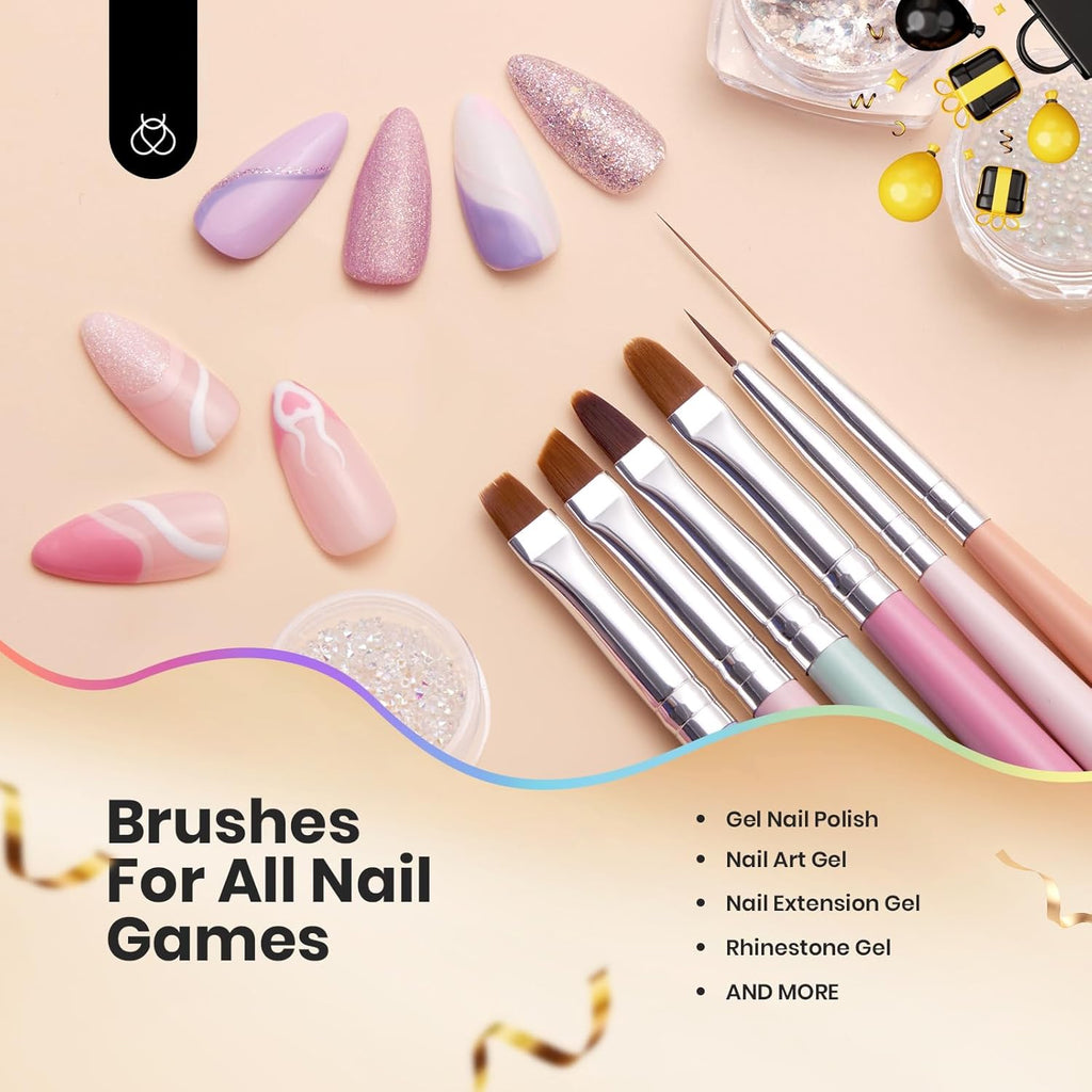 Beetles 6-Piece Nail Art Brush Set - Professional Gel Polish Tools with Wood Alloy Handles for Stunning DIY Manicures, Perfect Gift for Women