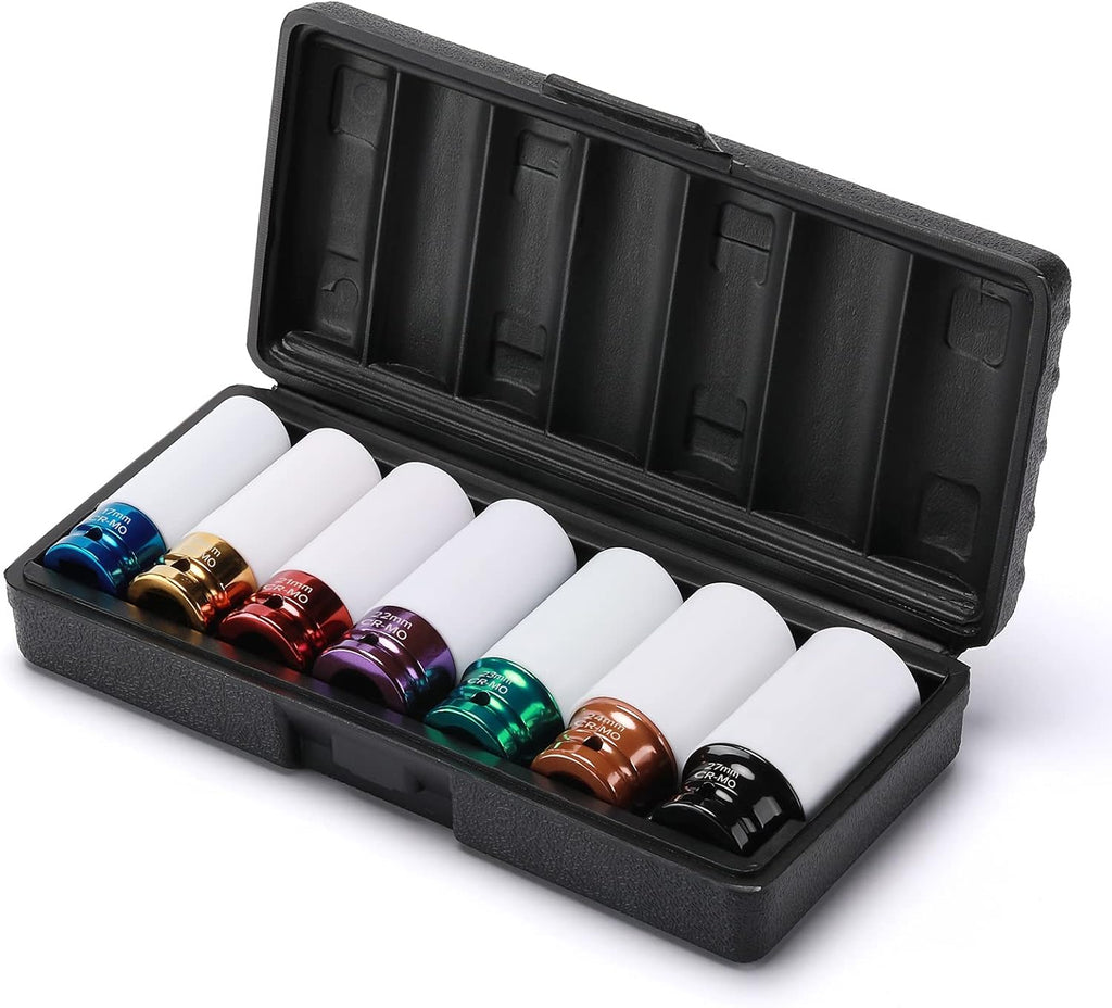 EMENTOL 7PCS 1/2" Drive Thin Wall Deep Wheel Protector Impact Socket Set, CR-MO, Lug Nut Impact Socket Set-17Mm, 19Mm, 21Mm, 22Mm, 23Mm, 24Mm, 27Mm