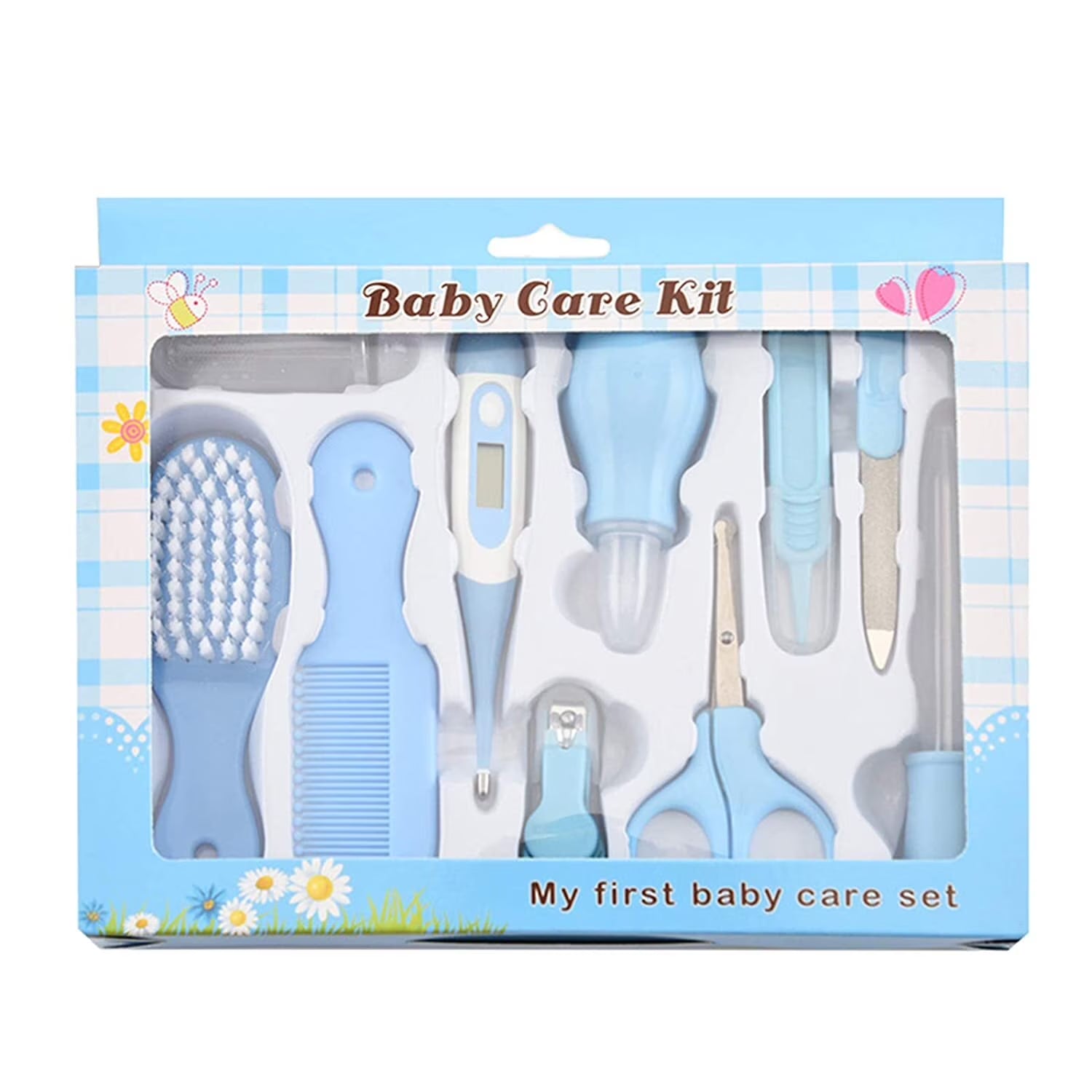 Baby Grooming Healthcare Kit Baby Safety Care Set Nail Clipper Brush Comb Scissors Thermometer Nasal Aspirator Finger Toothbrush Baby Essentials Nursery Kit for Newborn Girl Boys (Blue)