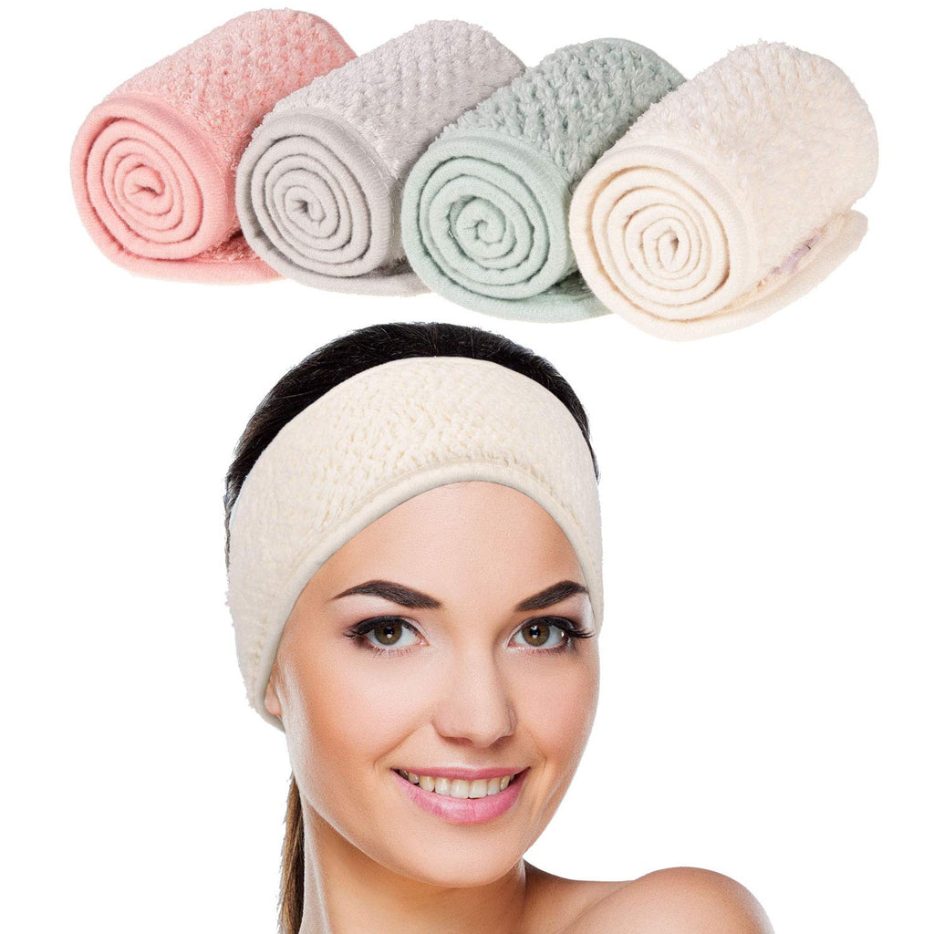 Whaline 4 Pack Adjustable Spa Facial Headbands - Soft Towel Hair Wraps for Makeup, Face Washing, Shower & Yoga (Pea Green, Pink, Beige, Light Gray)