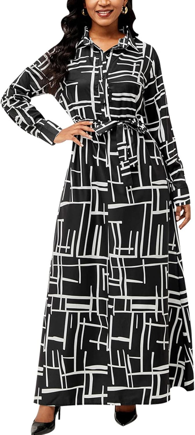 Zonjie Sexy Maxi Dresses for Women Casual plus Size Long Sleeve Button down Loose Party Prom Dress Ladies Outfits with Belt