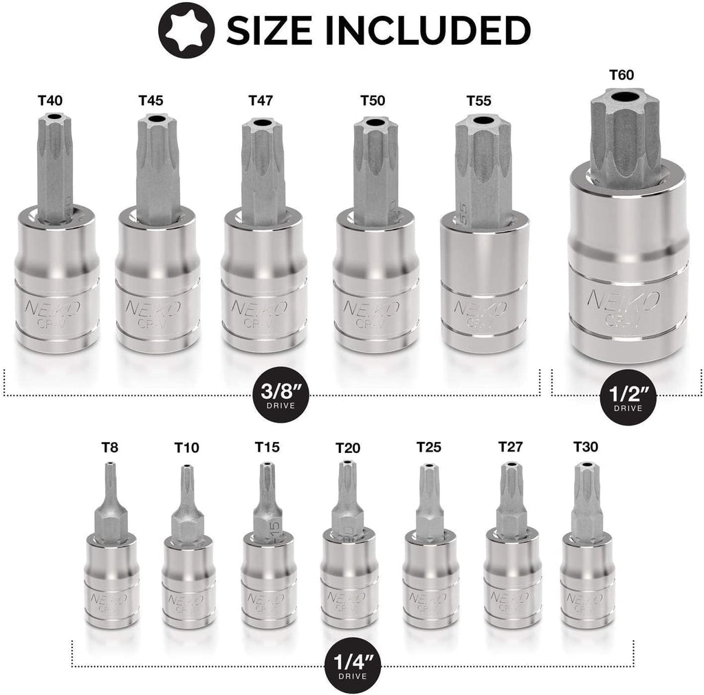 NEIKO 10073A 13-Piece Tamper Proof Torx Bit Socket Set - Durable S2 Steel Bits & Cr-V Steel Sockets (TT8 – TT60)