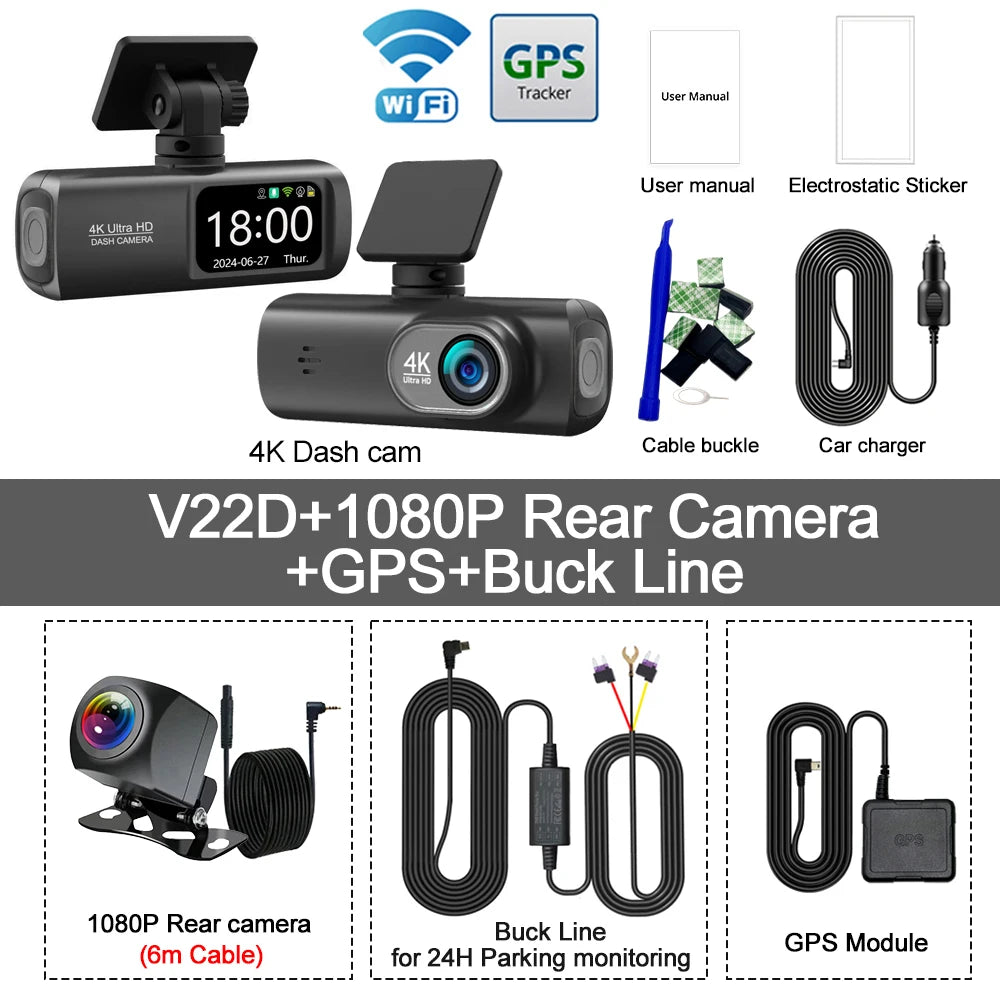 Dash Cam 4K UHD for Car Camera Front Rear Dual Lens with GPS Wifi 24H Parking Mode Night Vision Car DVR Video Registrator