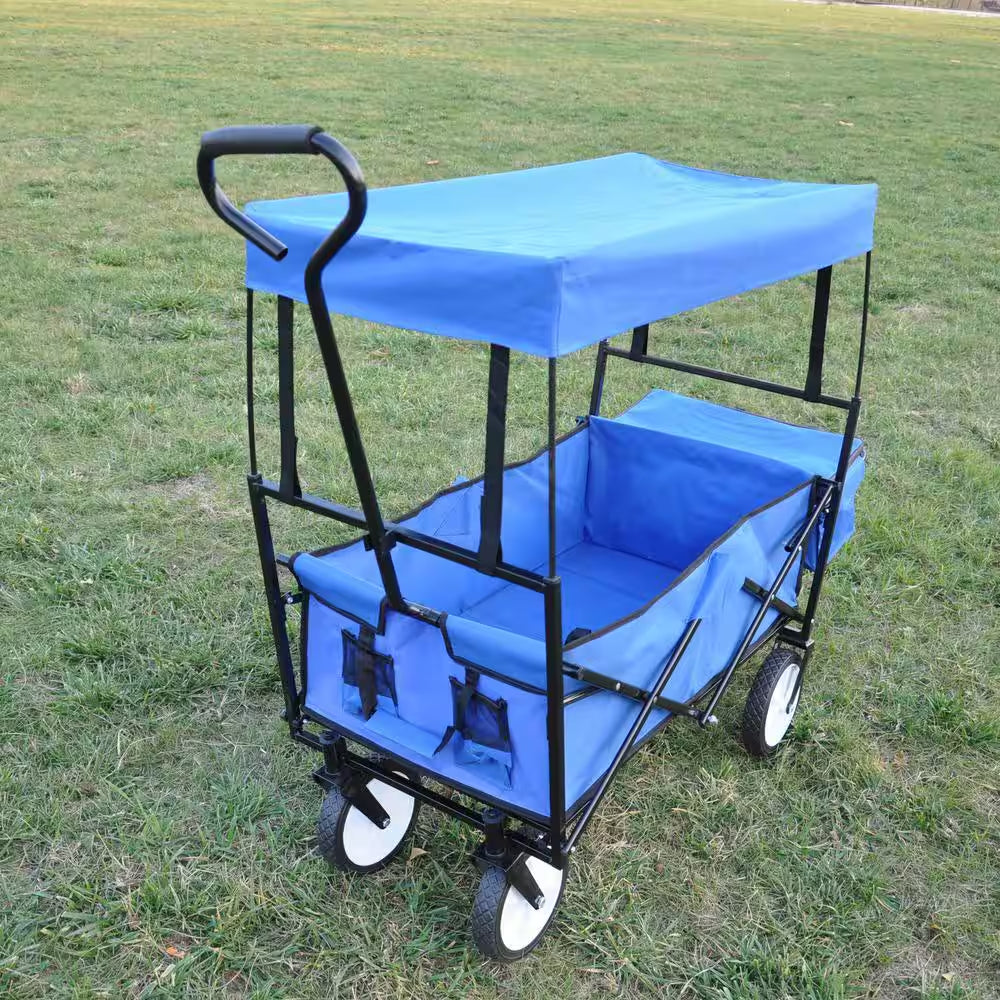 3.6 Cu. Ft. Blue Metal Garden Cart, Shopping Folding Wagon