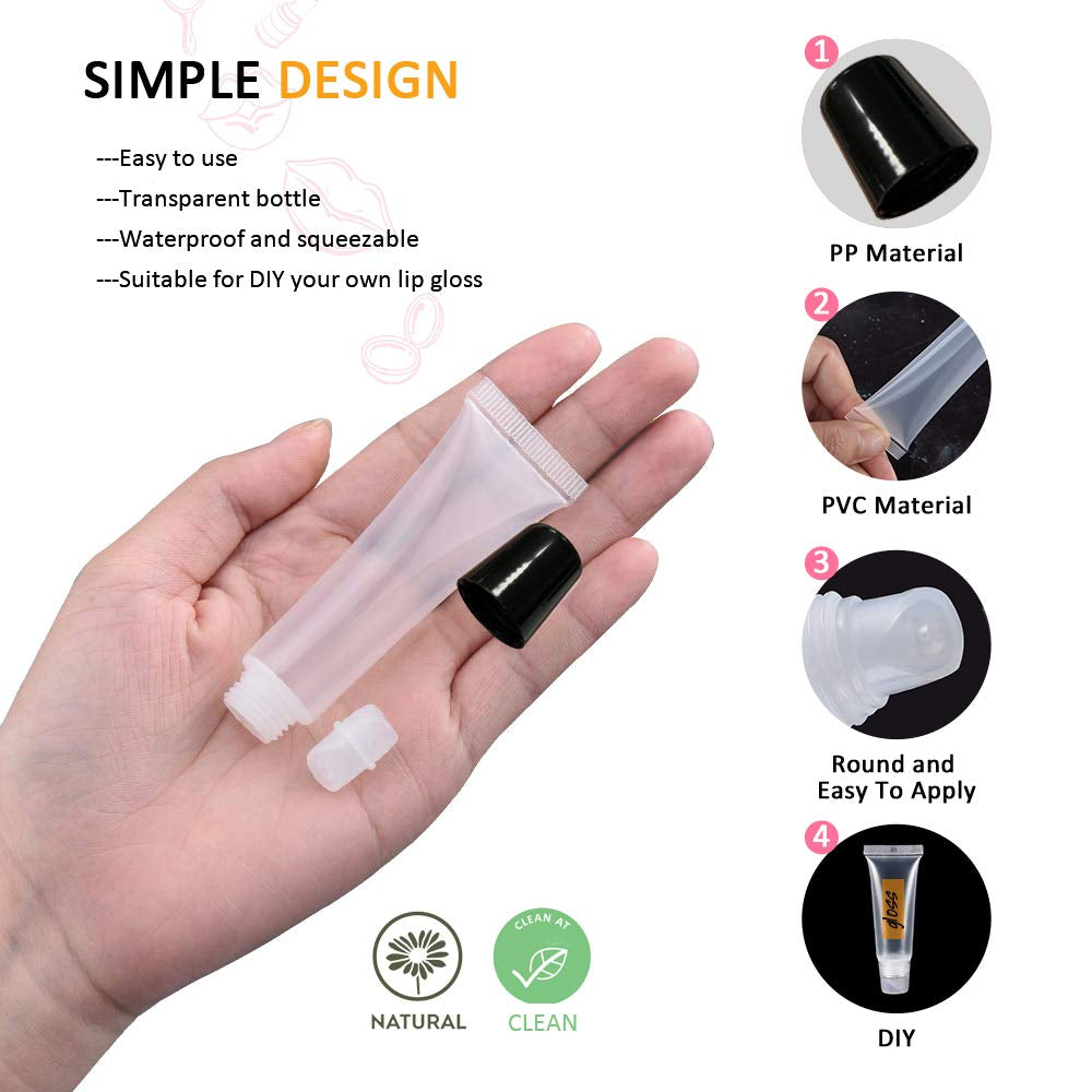 AMORIX 50PCS Empty Lip Gloss Tubes with Black Caps - 20ml Containers + 2 Syringes & Labels for DIY Lip Gloss and Glitter Creations