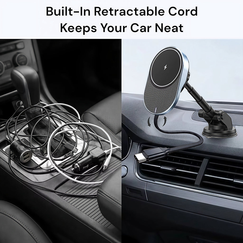IJS Magnetic Wireless Car Charger with Built-In Retractable Cord and Extendable Windshield Dashboard Phone Mount, Magsafe Compatible, 15W
