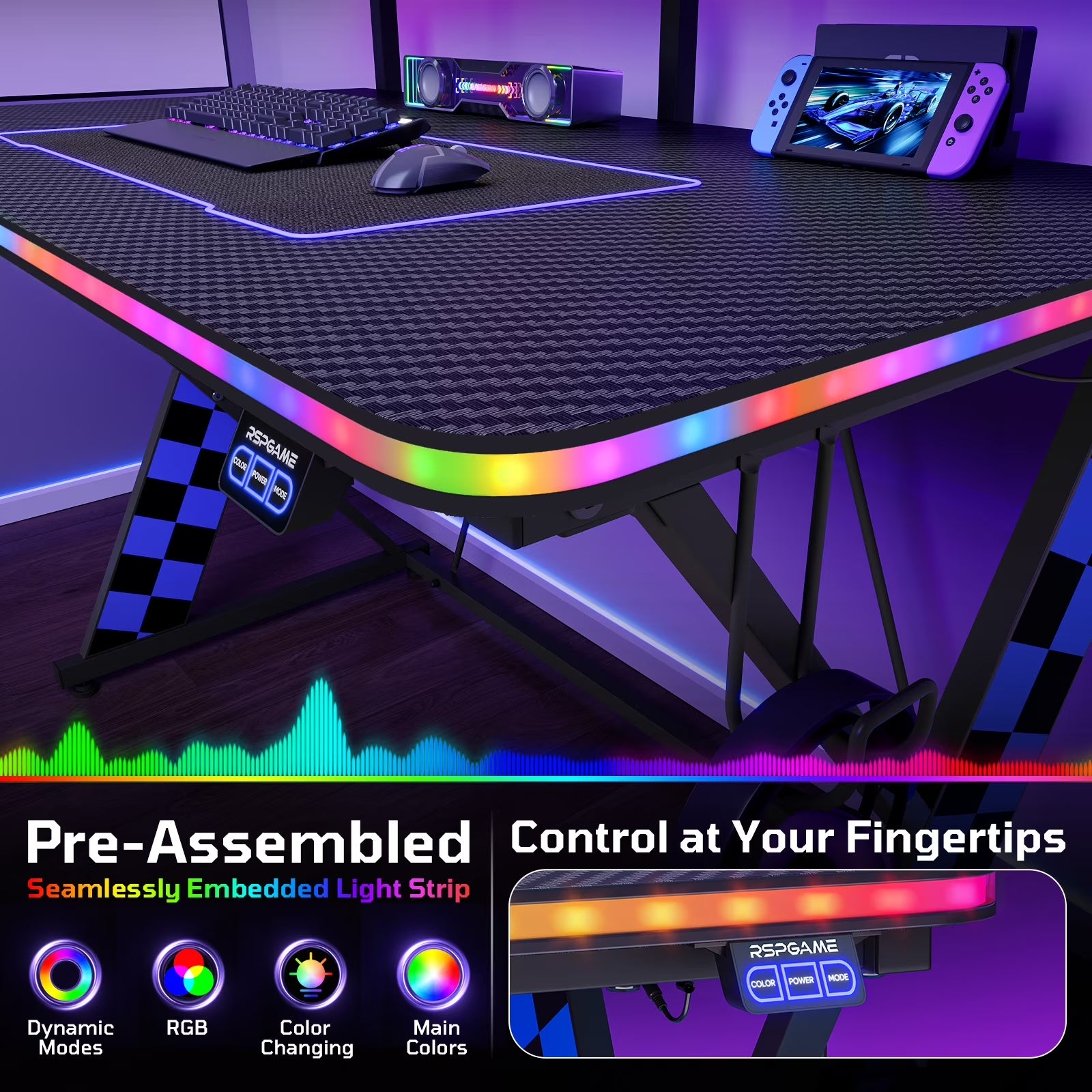 43" Music Sync LED Gaming Desk,X-Shape Ergonomic Monitor Stand Gamer Table,Pc Desk with Dynamic Lighting,Color Changing Office Desks,Blue Racing