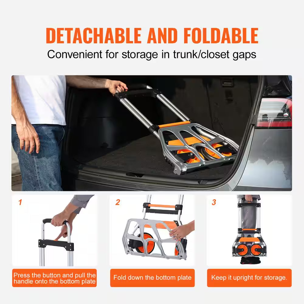 Folding Hand Truck, 275 Lbs. Capacity, Aluminum Portable Cart, Convertible with Telescoping Handle and PP+TPR Wheels