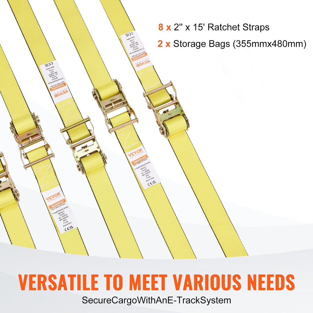 Ratchet Tie down Straps (8PK), 4400 Lb Break Strength, E-Track Endless Ratchet with 8 Premium 2" X 15' Rachet Tie Downs Heavy Duty, for Moving Securing Cargo, Appliances, Lawn Equipment