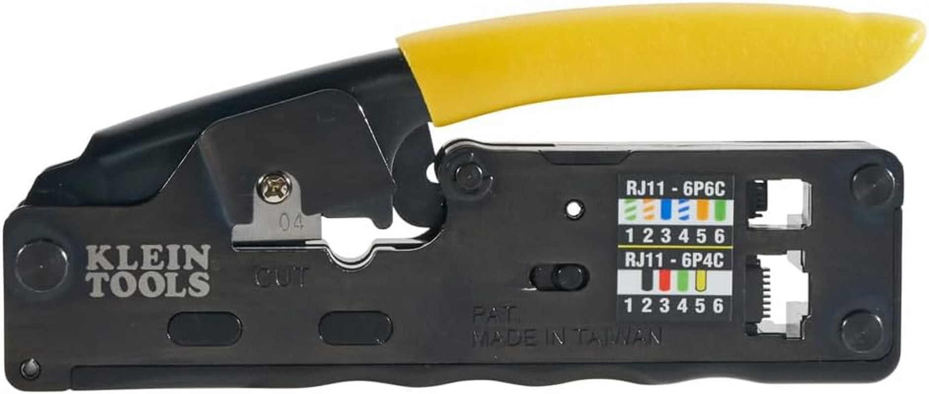 Klein Tools Compact Ratcheting Data Cable Crimper, Wire Stripper & Cutter - Perfect for CAT6, CAT5, CAT3 & Flat-Satin Voice Cables