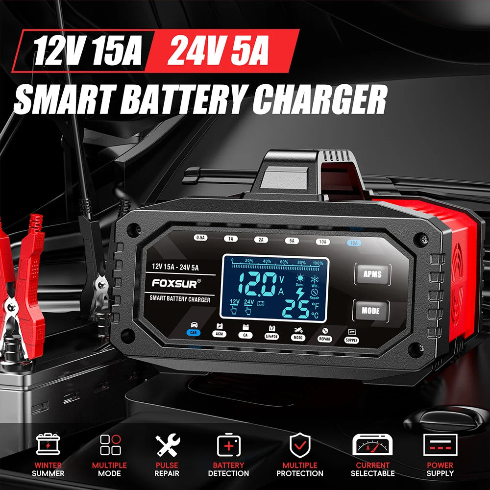 300W Car Battery Charger Full Automatic Protect Quick Charger 12V/24V Multiple Protections LCD Display