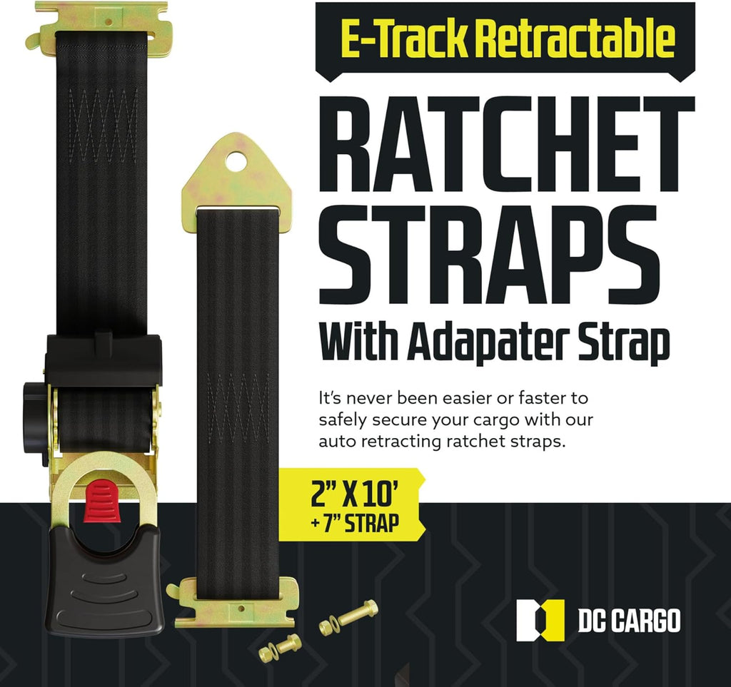Heavy-Duty E-Track Retractable Ratchet Straps, 2" x 10', 4000 lbs Break Strength