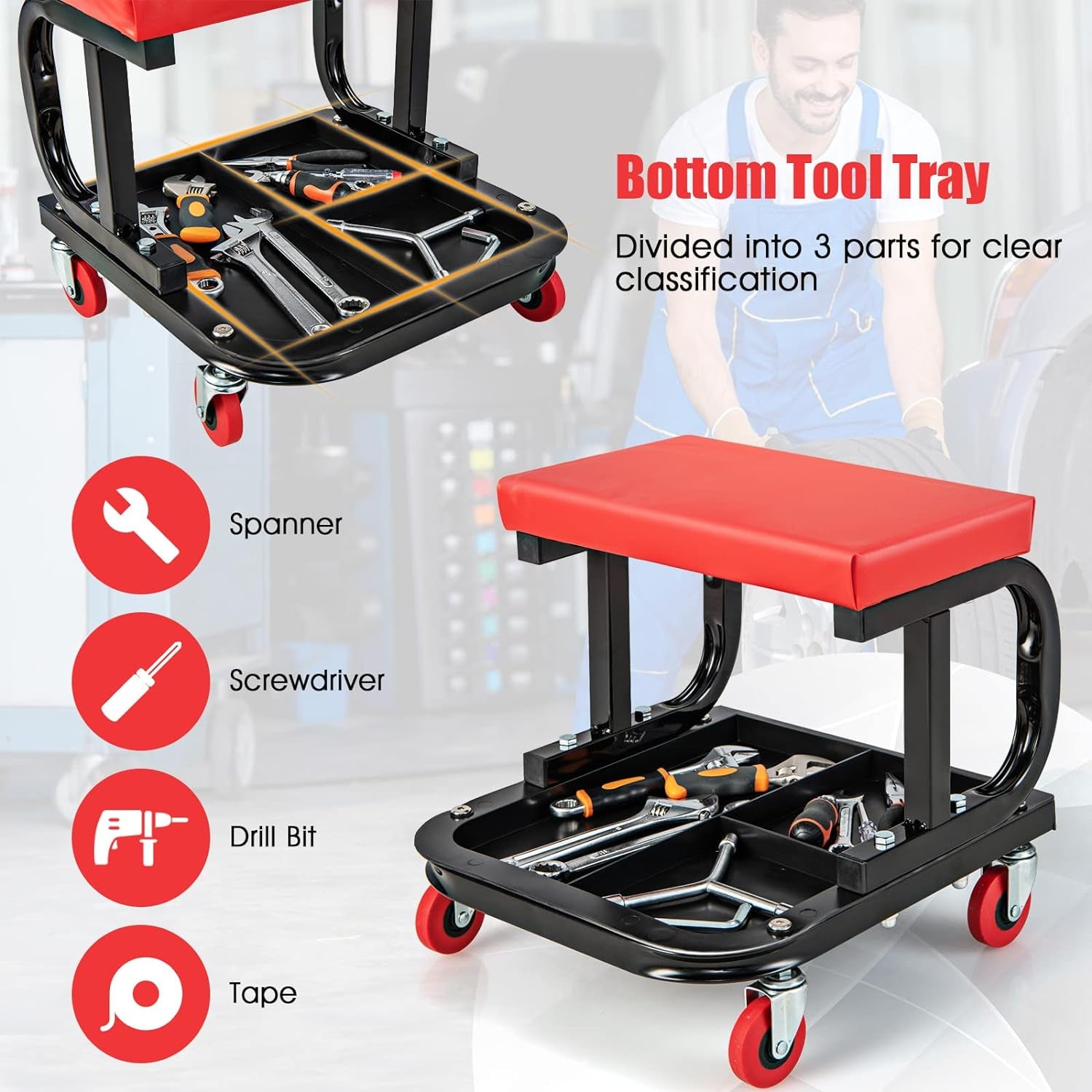 Goplus Mechanic Stool with Wheels, 22.5”-27.5” Adjustable Rolling Garage Stool with Padded Seat, 330LBS Capacity, Tool Tray, Heavy Duty Creeper Seat, 360° Swivel Shop Chair for Workshop