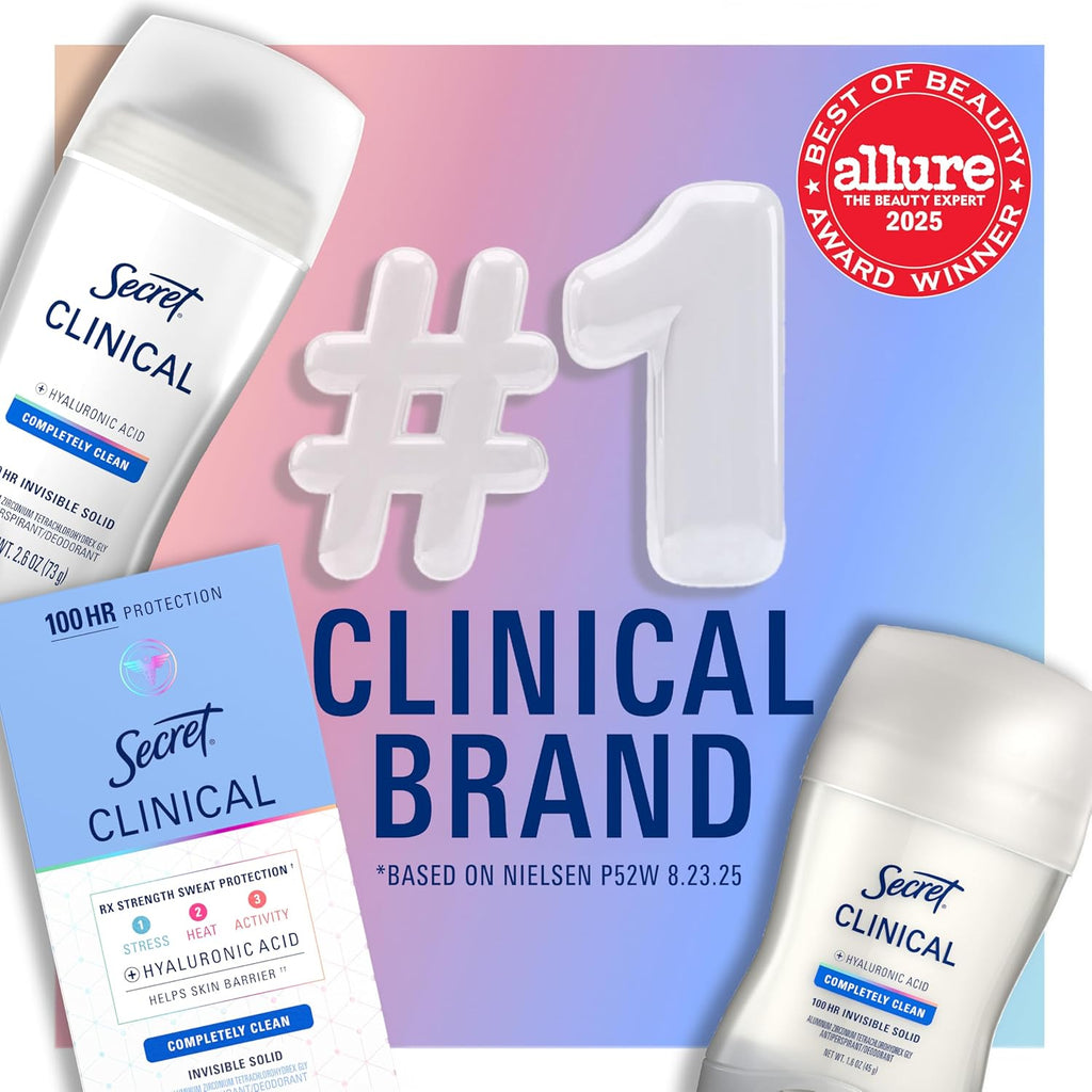 Secret Clinical Strength Antiperspirant Deodorant for Women - 100HR Sweat & Odor Protection, 3X Stress Defense, Clean Lavender Scent with Hyaluronic Acid, 2.6 Oz