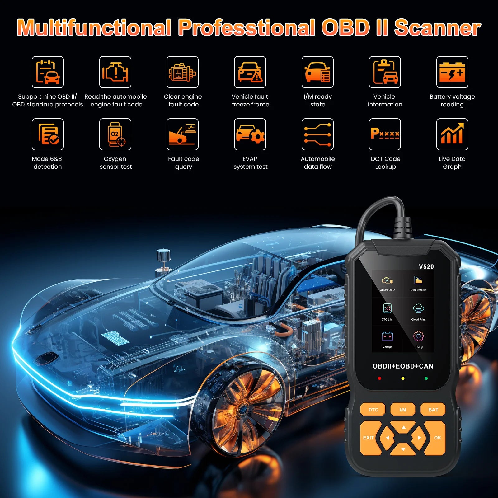 HOMPOW V520 OBD2 Scanner Bluetooth Car Code Reader, Check Engine Light Diagnostic Tool for All Cars since 1996, Read & Clear Codes, Live Data, Battery Voltage Test, Plug & Play Auto Scanner