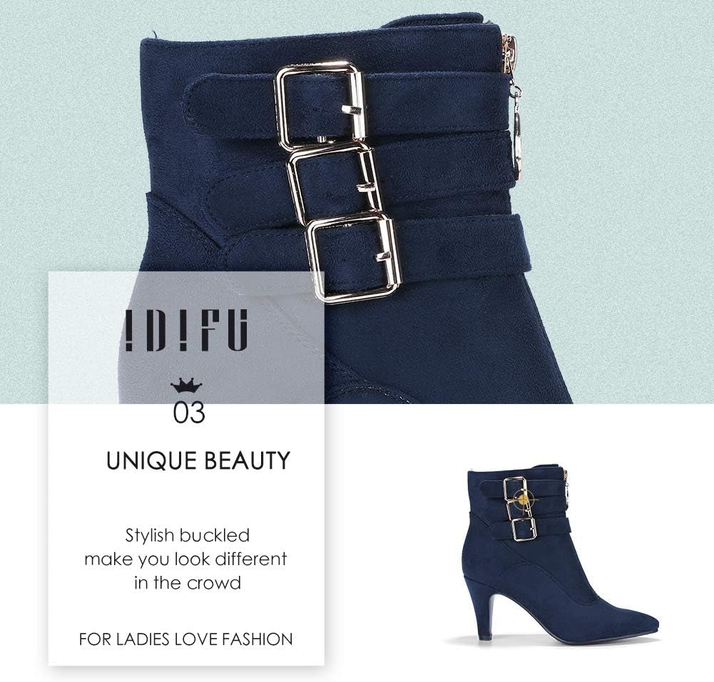 IDIFU Women'S Pointed Toe Metal Buckle Two Strap Ankle Booties Side Zipper Kitten Heel Dress Classic Short Boots