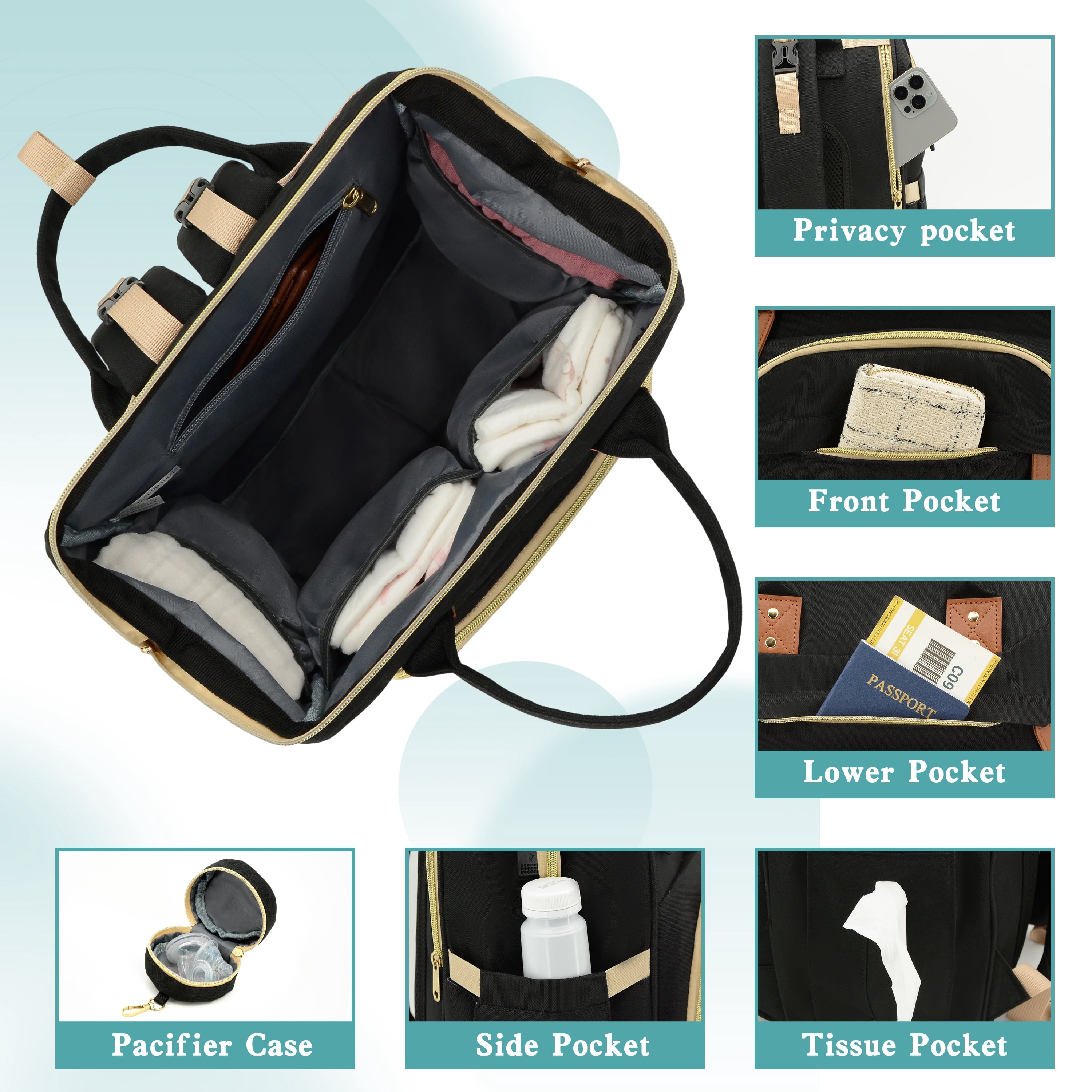Diaper Bag Backpack, DERSTUEWE Diaper Backpack, Baby Bag with Insulated Bottle Pockets, Unisex, Black