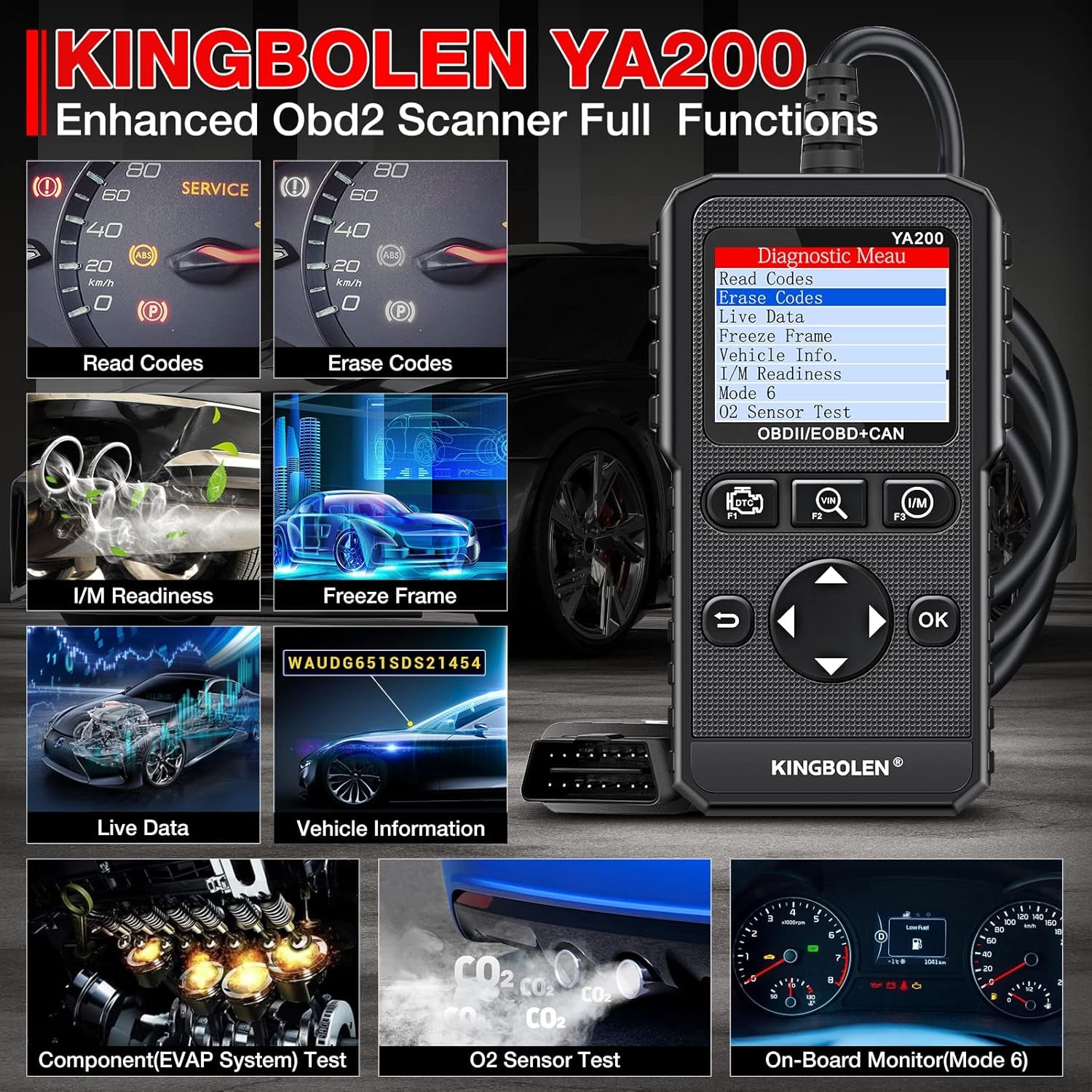 KINGBOLEN YA200 OBD2 Scanner, Car OBD2 Code Reader Check Engine Light, Car Scanner OBDII Full Functions with Voltage Test OBD2 Scanner Diagnostic Tool for All OBDII CAN Protocol Cars since 1996