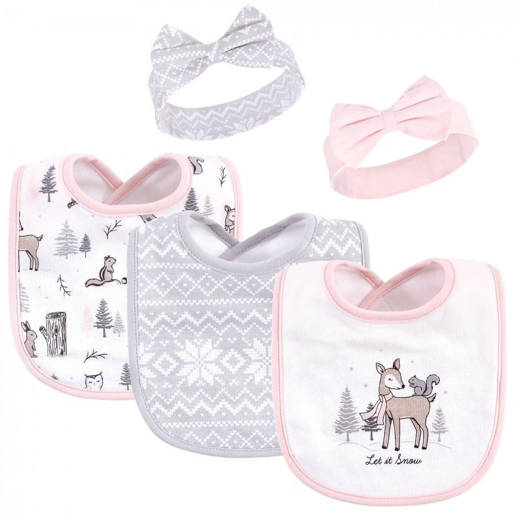 Hudson Baby Infant Girl Cotton Bib and Headband Set 5Pk, Winter Forest, One Size