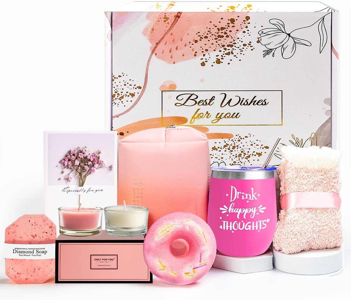 Deluxe Spa Gift Box for Women - Perfect Birthday Surprise with Wine Tumbler & Bath Set (Pink) for Wife, Mom, Sister, Girlfriend, and Best Friend