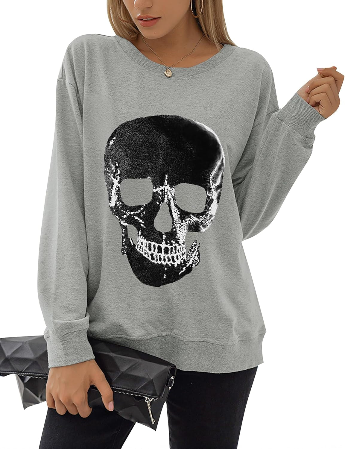 Blooming Jelly Women'S Halloween Sweatshirts Skull Graphic T Shirts Long Sleeve Pullover Tops Gothic Fall Clothes 2025