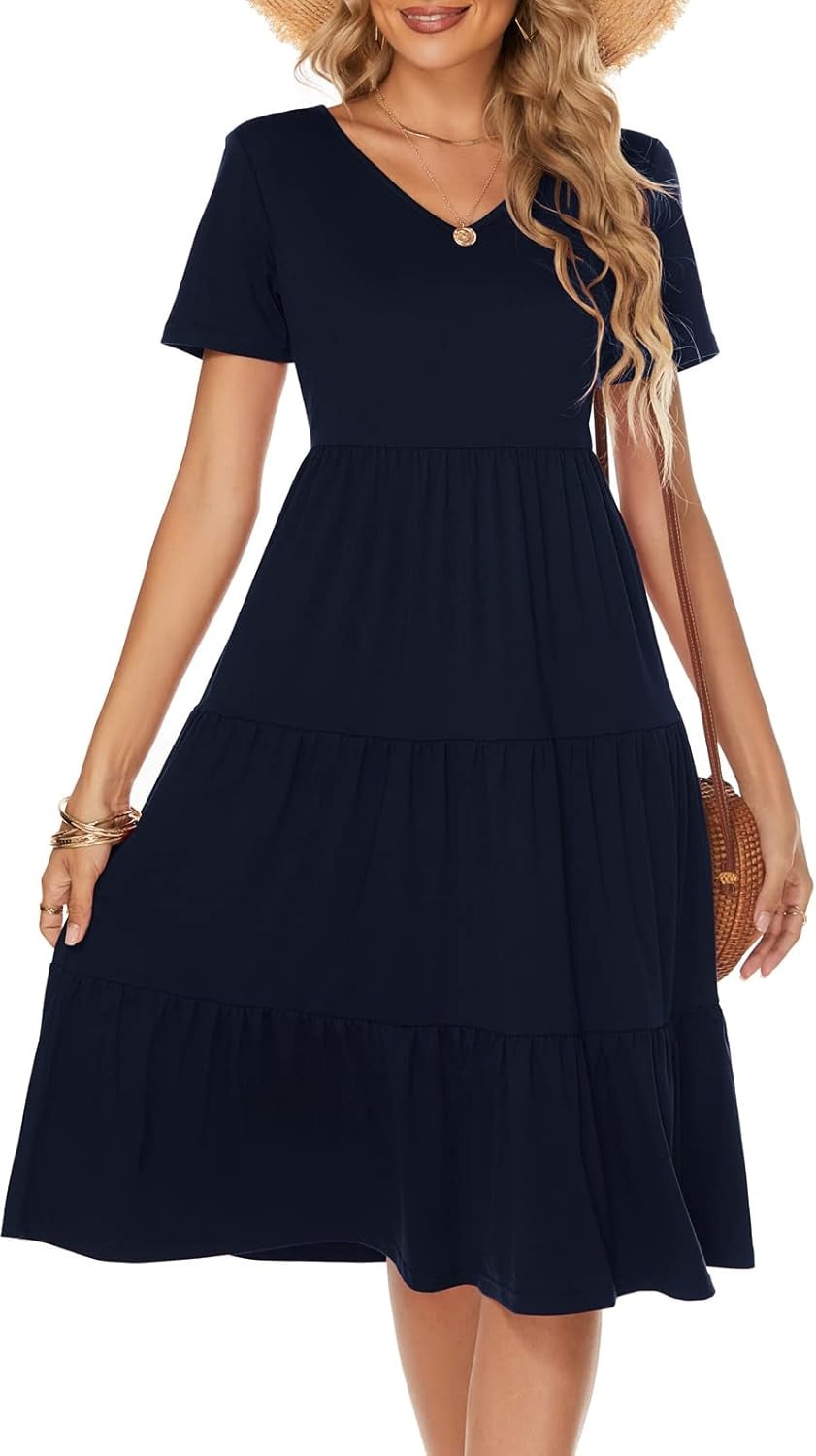 Berydress Women'S Casual Summer Tiered Midi Dress 2025 Short Sleeve V-Neck Loose Cotton Ruffle Babydoll Dress Boho Sundress