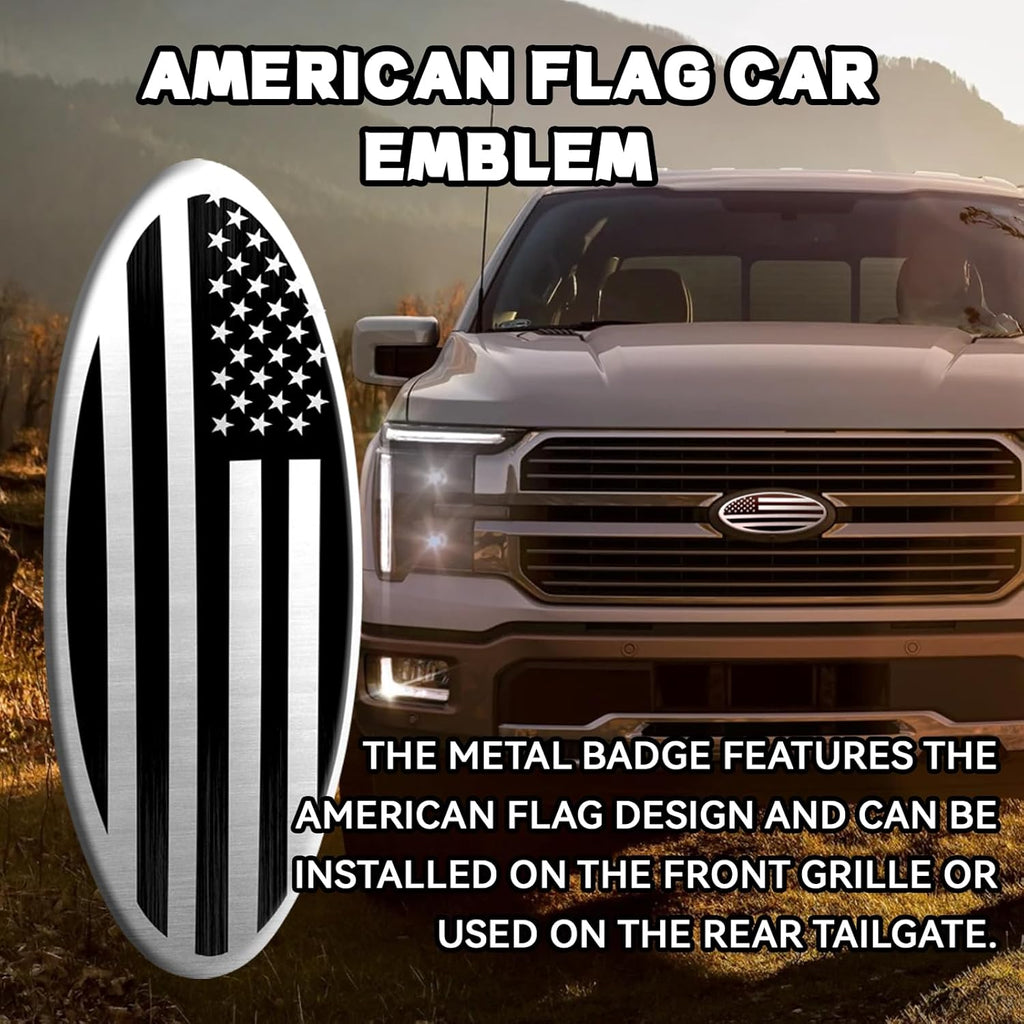 Premium Silver American Flag Tailgate Emblem for Ford F150 F250 F350 - 9 Inch Aluminum Oval Overlay Badge for Front Grill & Rear Tailgate