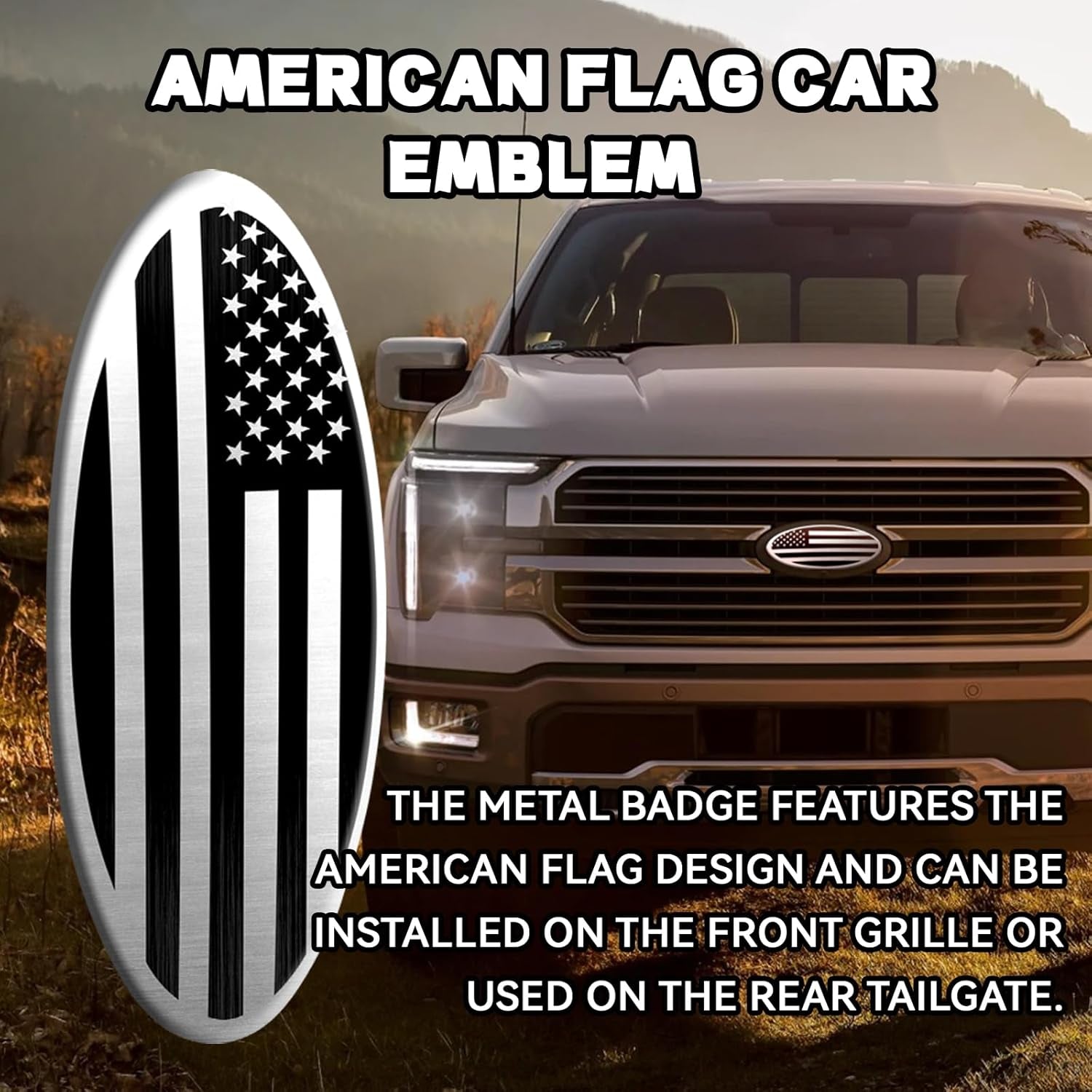 Premium Silver American Flag Tailgate Emblem for Ford F150 F250 F350 - 9 Inch Aluminum Oval Overlay Badge for Front Grill & Rear Tailgate