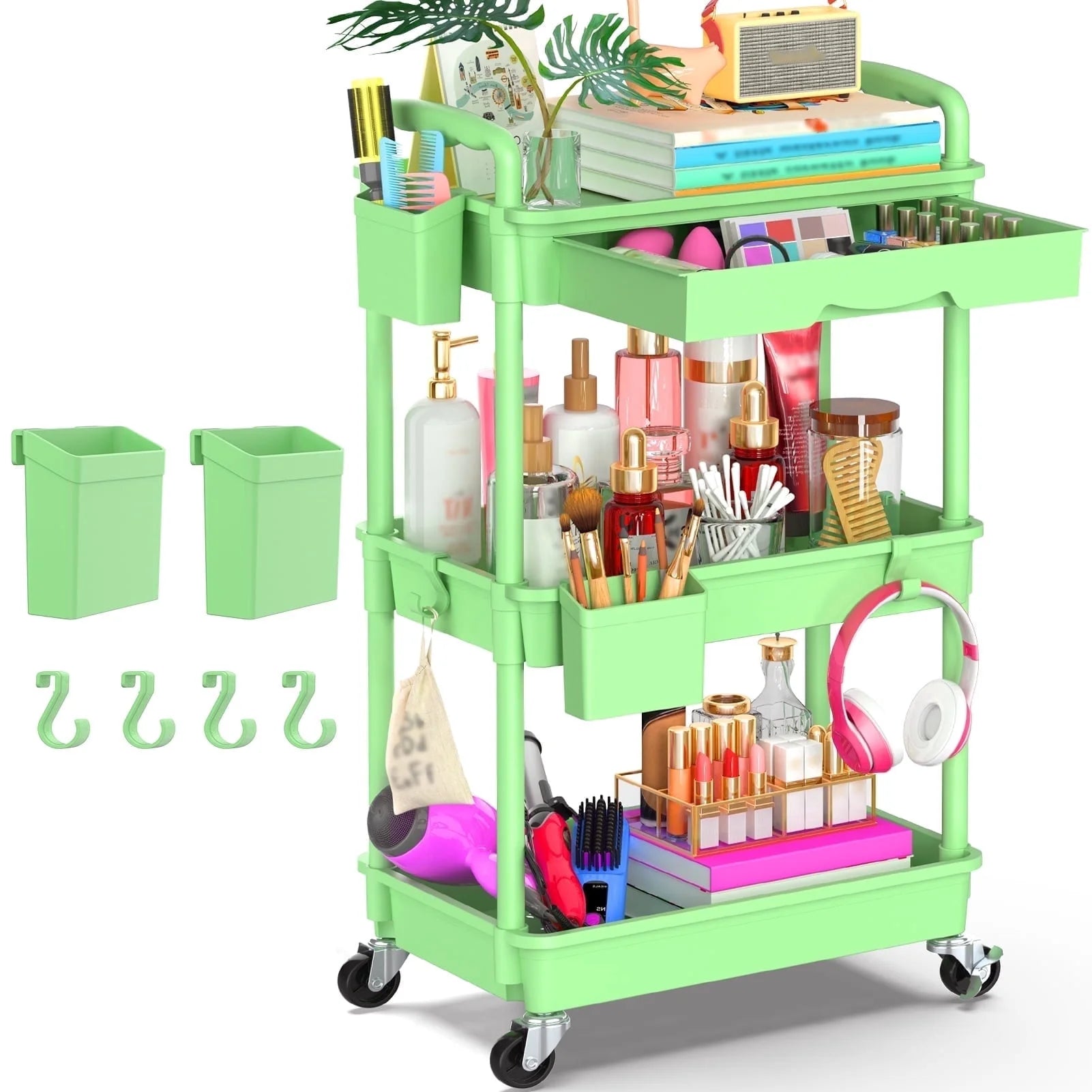Yeabett 4 Tier Rolling Utility Cart Organizer with Removable Drawer, Mobile Storage Carts with 2 Lockable Wheels for Bathroom, Kitchen, Snack, Craft, Makeup, Baby Essentials，Purple