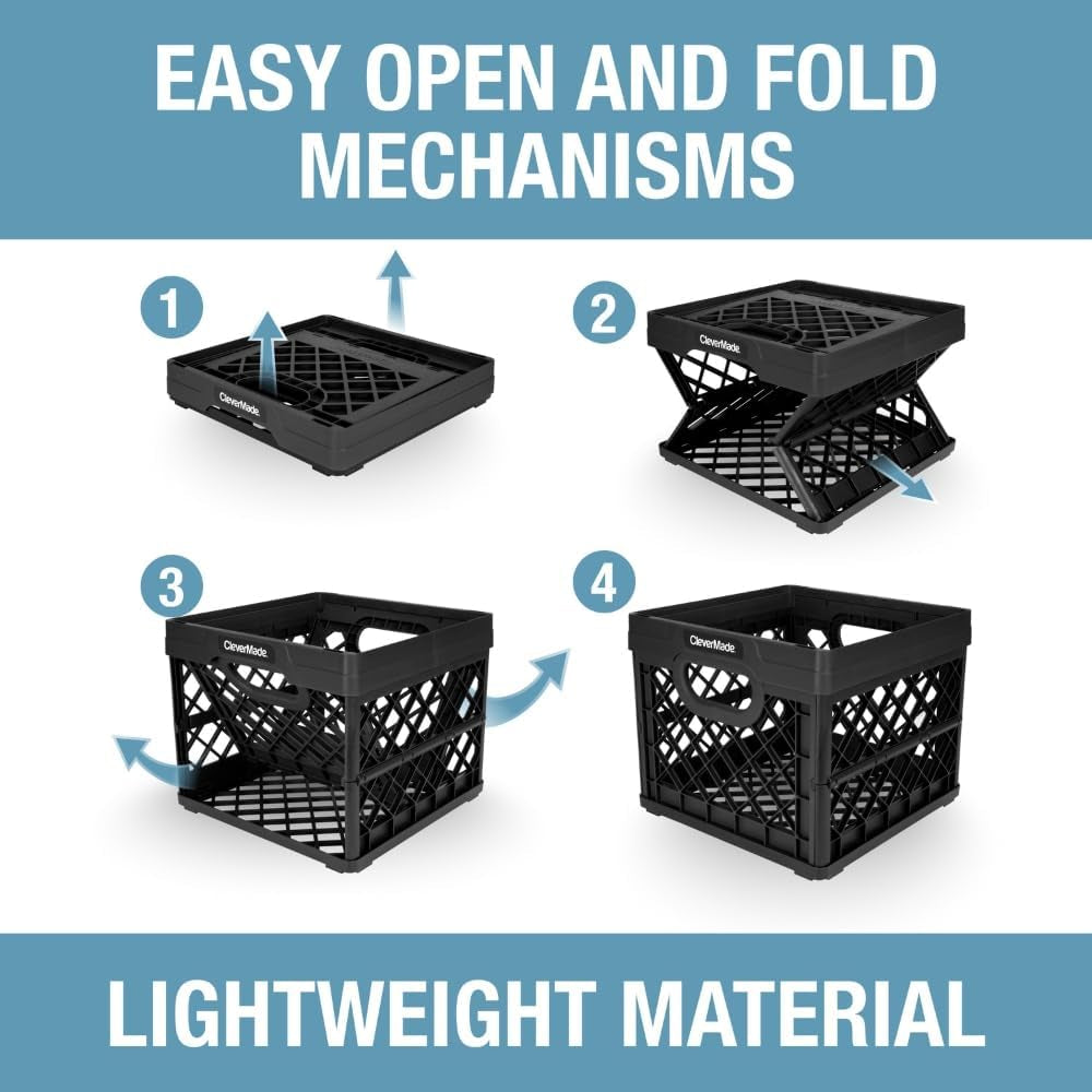 Clevermade Heavy Duty Collapsible Milk Crate - 25L (6.6 Gal) Stackable Storage Solution with File Rails - Obsidian Color