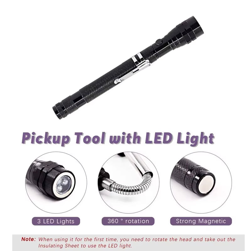 360° Inspection Mirror LED Light Extend Telescopic Inspection Work Mirror with Grip Handle Car Maintenance Repairing Pickuptools