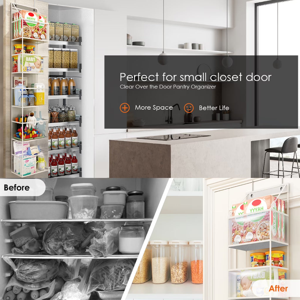 Ohhgo over the Door Hanging Pantry Organizer 6-Shelf behind the Door Storage Organizer with Clear Plastic Pockets Large Capacity for Closet Bedroom Bathroom (White)
