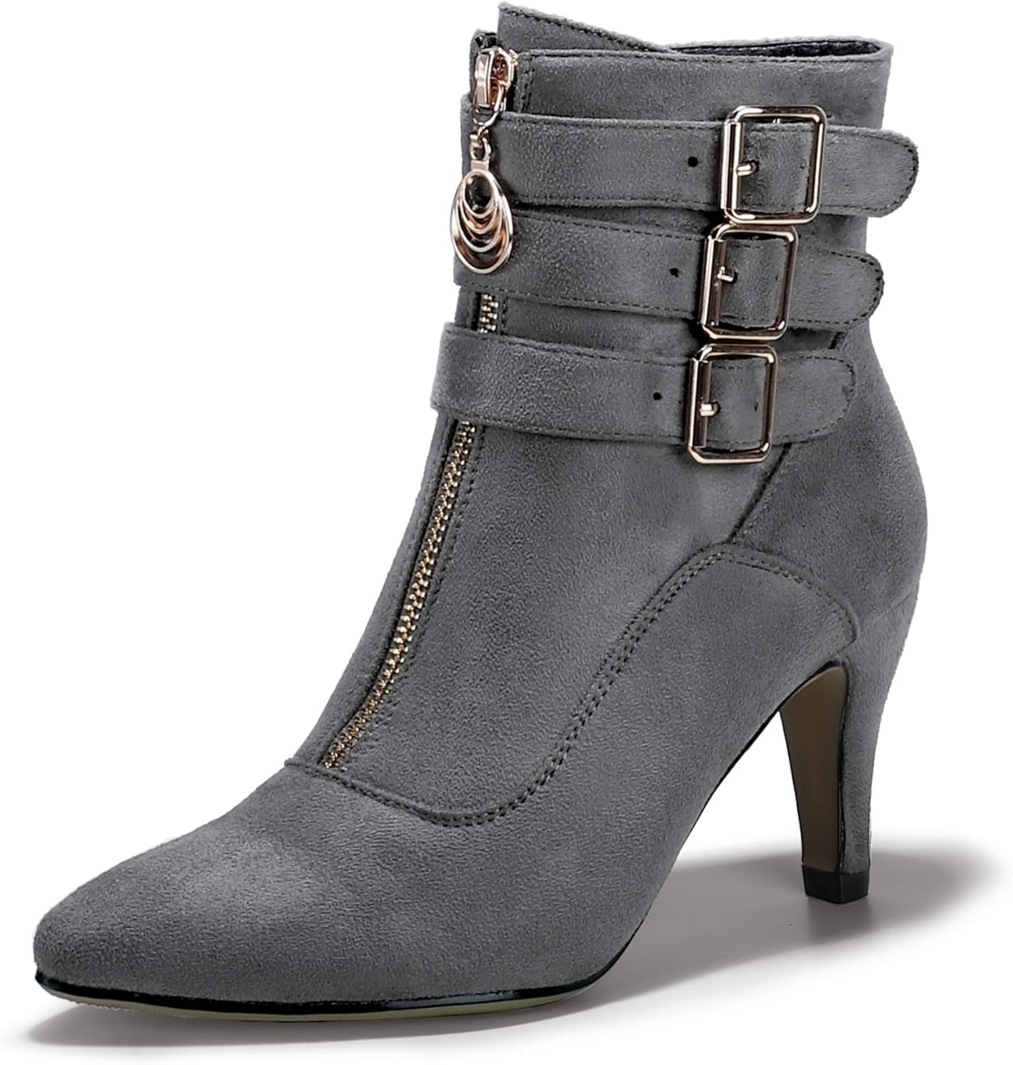 IDIFU Women'S Pointed Toe Metal Buckle Two Strap Ankle Booties Side Zipper Kitten Heel Dress Classic Short Boots